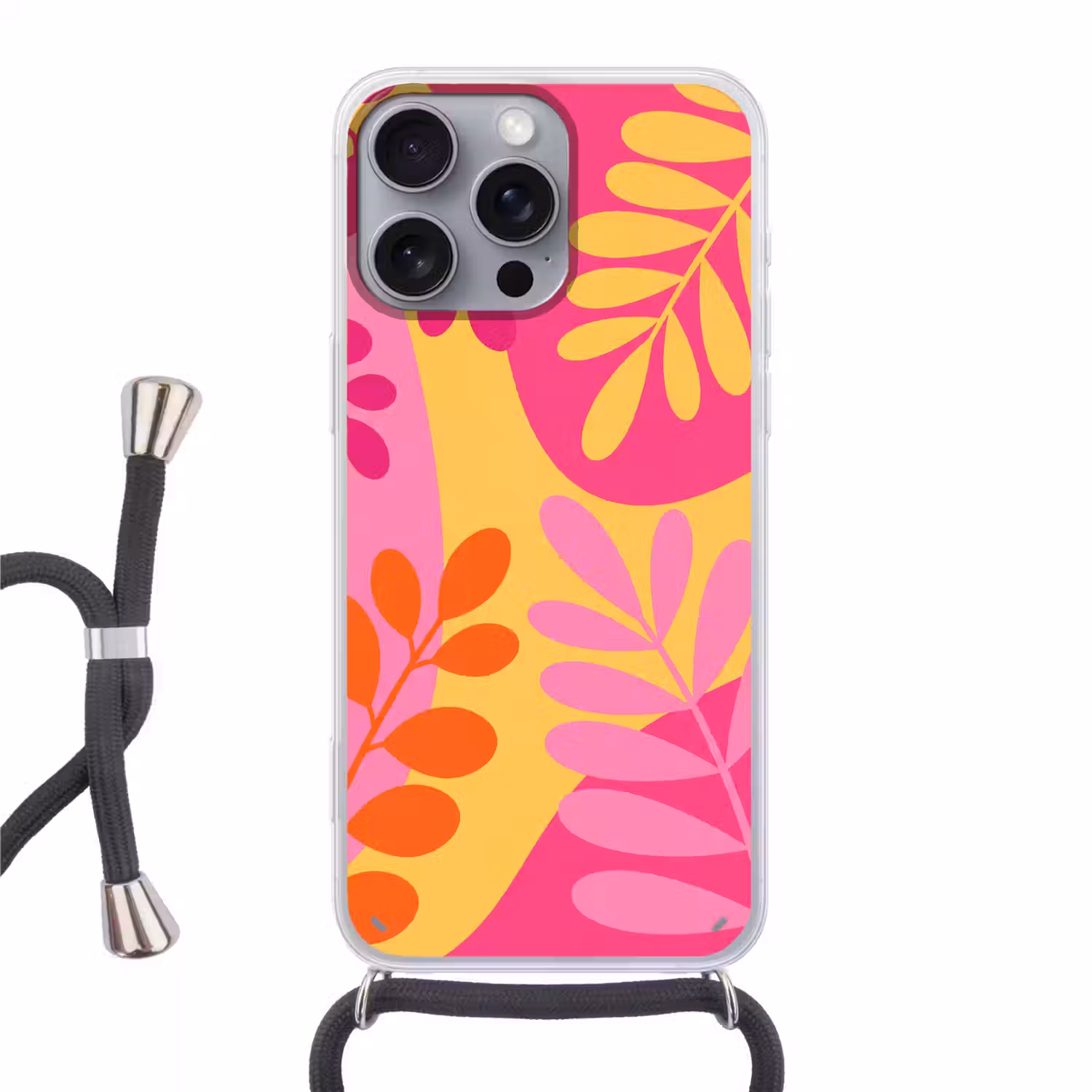 Natuur - Bladeren - Abstract - Roze - Geel Hoesje iPhone 16 Pro Max met koord klein -3d
