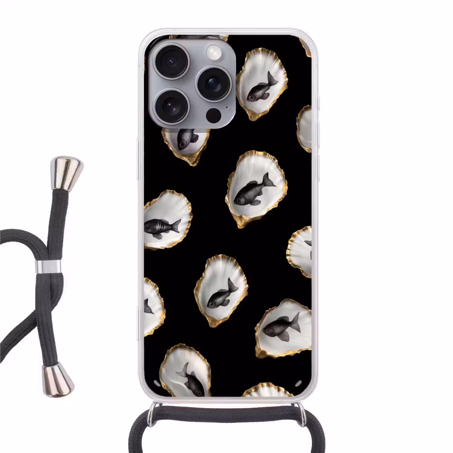 Oesters - Zwart - Vissen - Goud Hoesje iPhone 16 Pro Max met koord klein -3d
