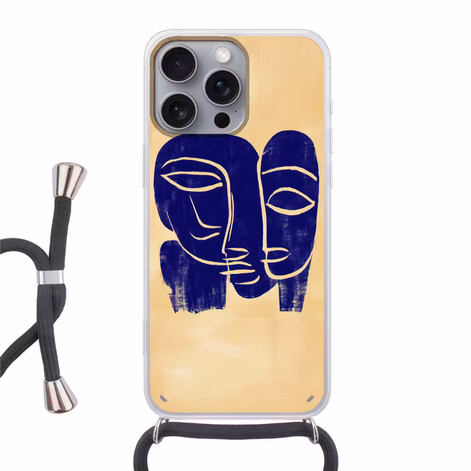 Okergeel - Blauw - Eenvoudige lijnen Hoesje iPhone 16 Pro Max met koord klein -3d
