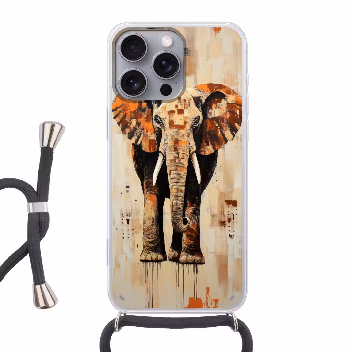 Olifant - Slurf - Mozaïek - Abstract Hoesje iPhone 16 Pro Max met koord klein -3d