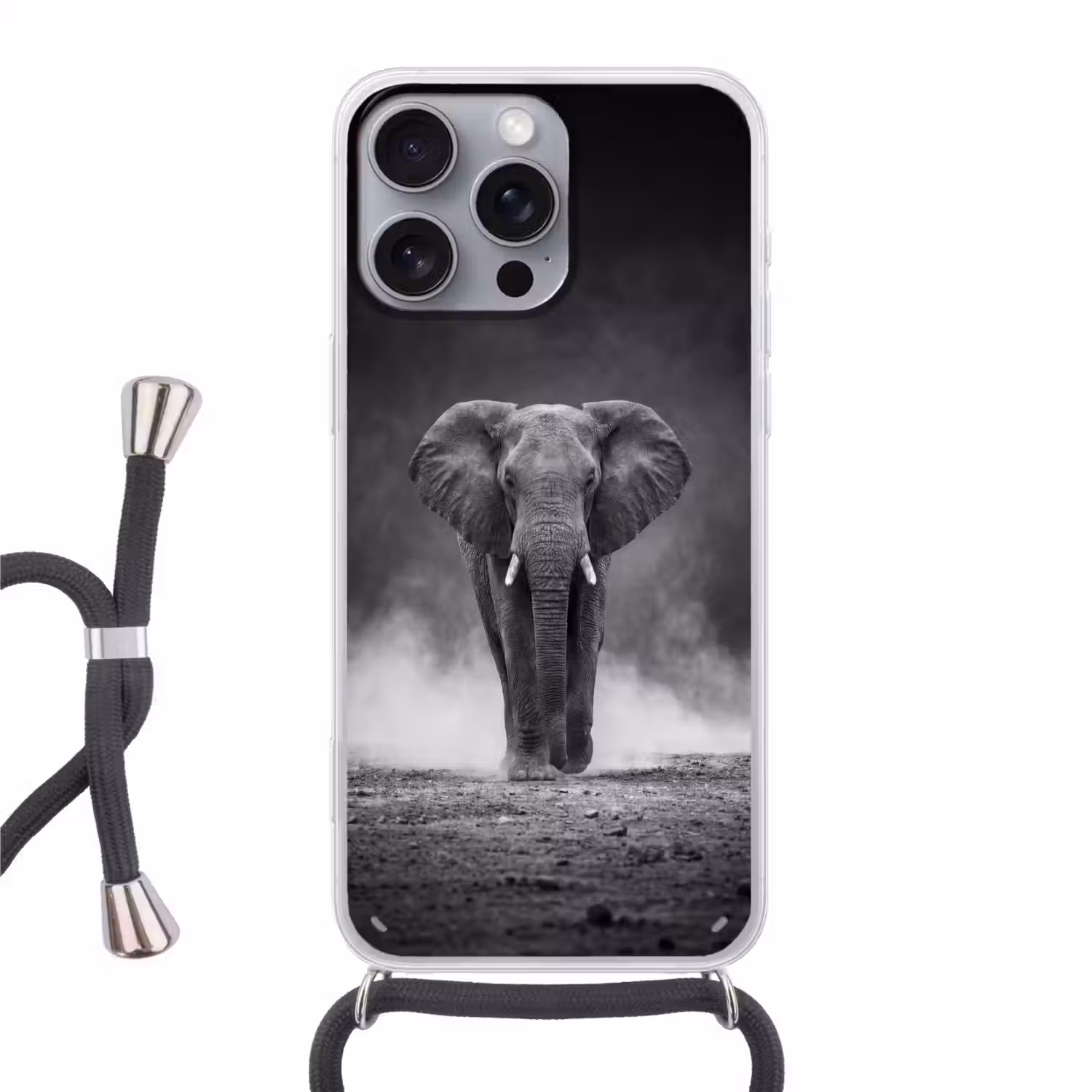Olifant - Zwart - Wit - Rook Hoesje iPhone 16 Pro Max met koord klein -3d