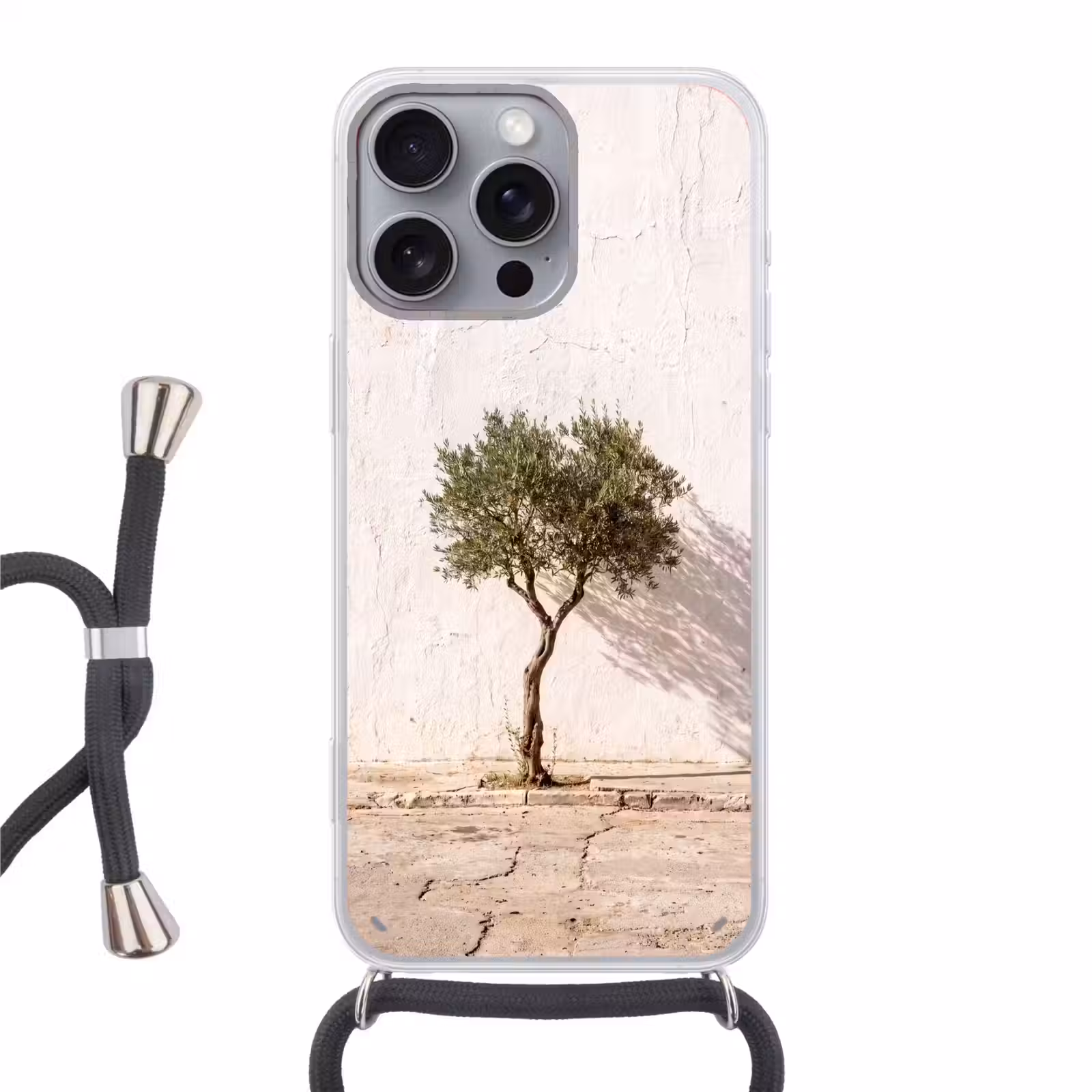 Telefoonhoesje met koord - Olijfboom - muur - wit - Olijfboom - muur - wit Hoesje iPhone 16 Pro Max met koord klein