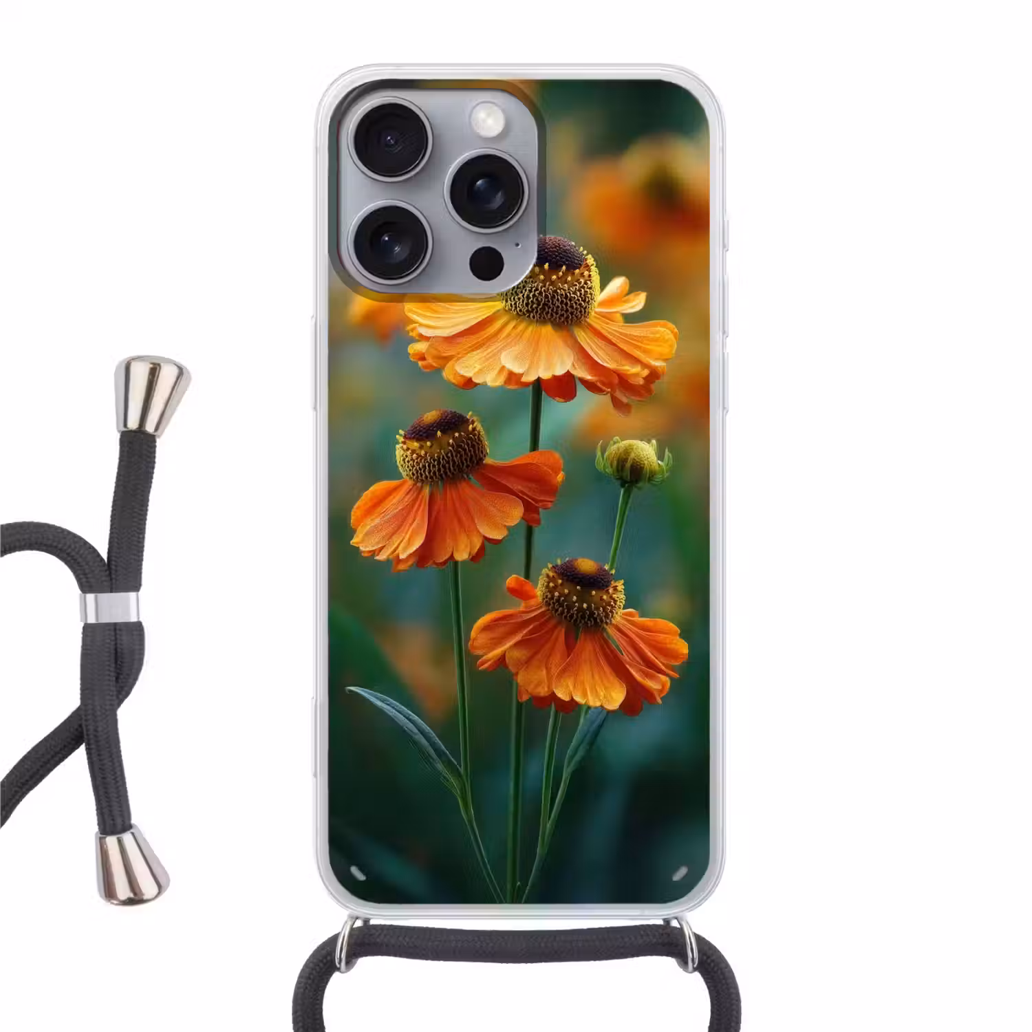 Oranje bloemen - Levendig - Wazige achtergrond Hoesje iPhone 16 Pro Max met koord klein -3d