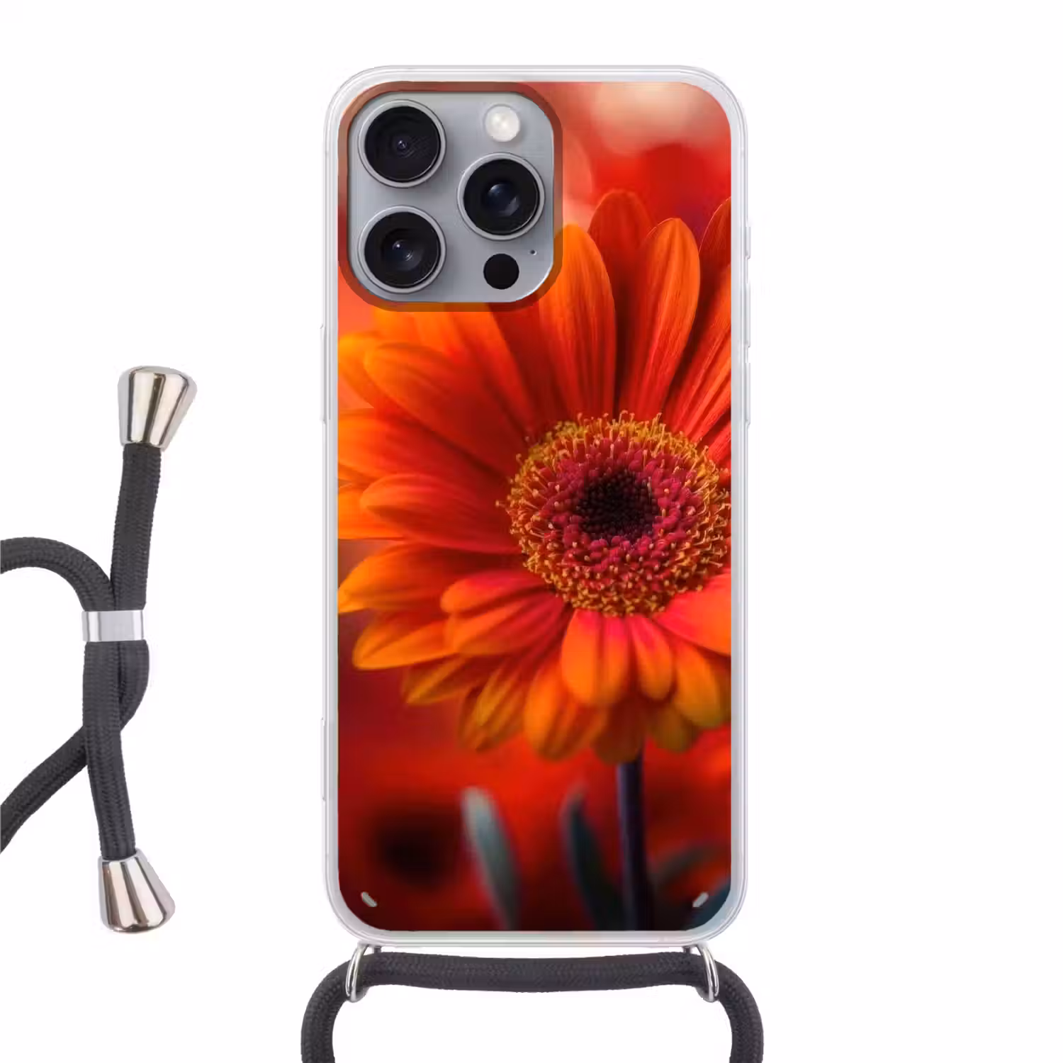 Oranje - Gerbera - Intens Hoesje iPhone 16 Pro Max met koord klein -3d