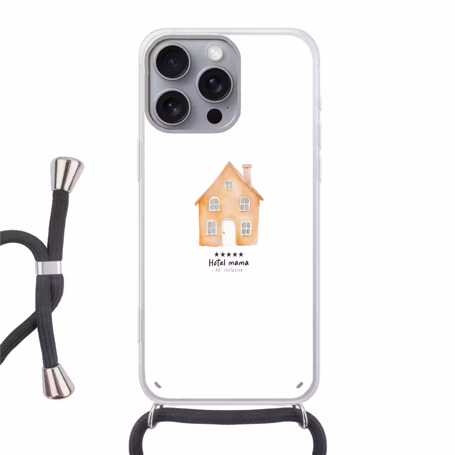 Oranje - Huisje - Quote - Hotel Hoesje iPhone 16 Pro Max met koord klein -3d