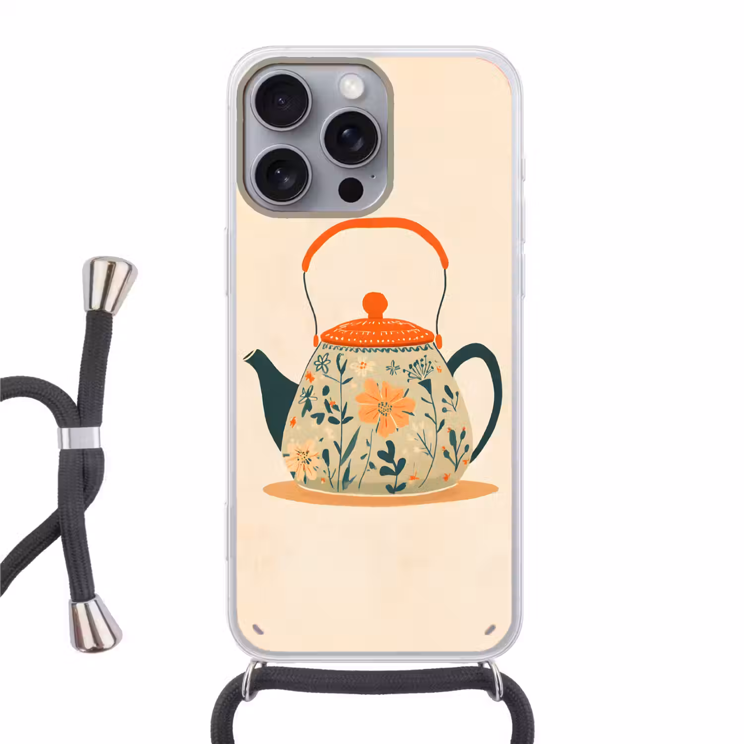 Oranje - Theepot - Bloemen - Bladeren Hoesje iPhone 16 Pro Max met koord klein -3d