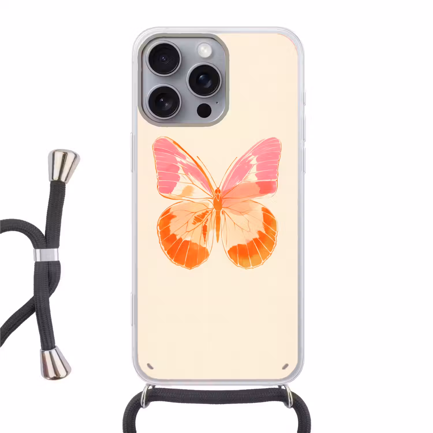 Oranje - Vlinder - Minimalistisch Hoesje iPhone 16 Pro Max met koord klein -3d
