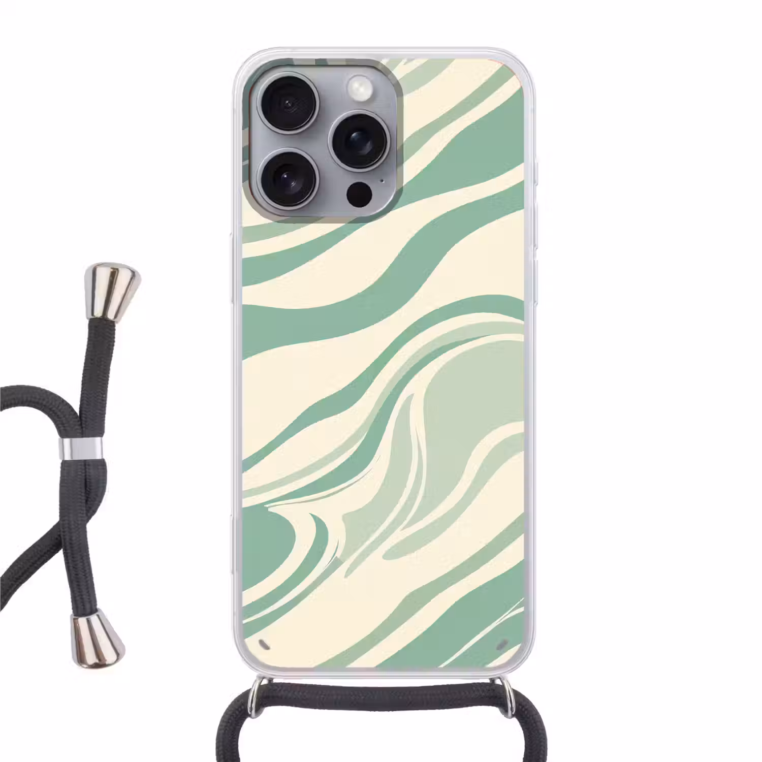 Organische lijnen - Mintgroen - Marmer Hoesje iPhone 16 Pro Max met koord klein -3d
