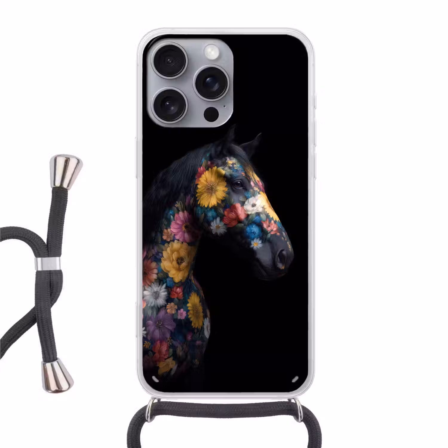 Paard - Bloemen - Zwart Hoesje iPhone 16 Pro Max met koord klein -3d
