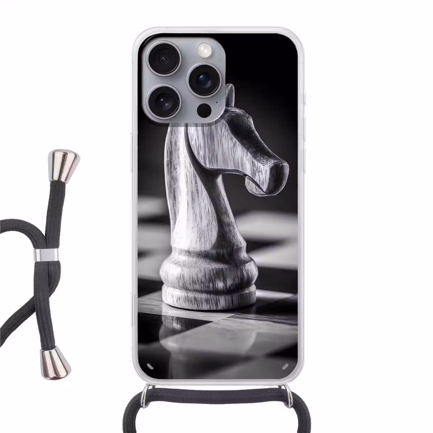 Paard - Hout - Schaalbord - Zwart Hoesje iPhone 16 Pro Max met koord klein -3d