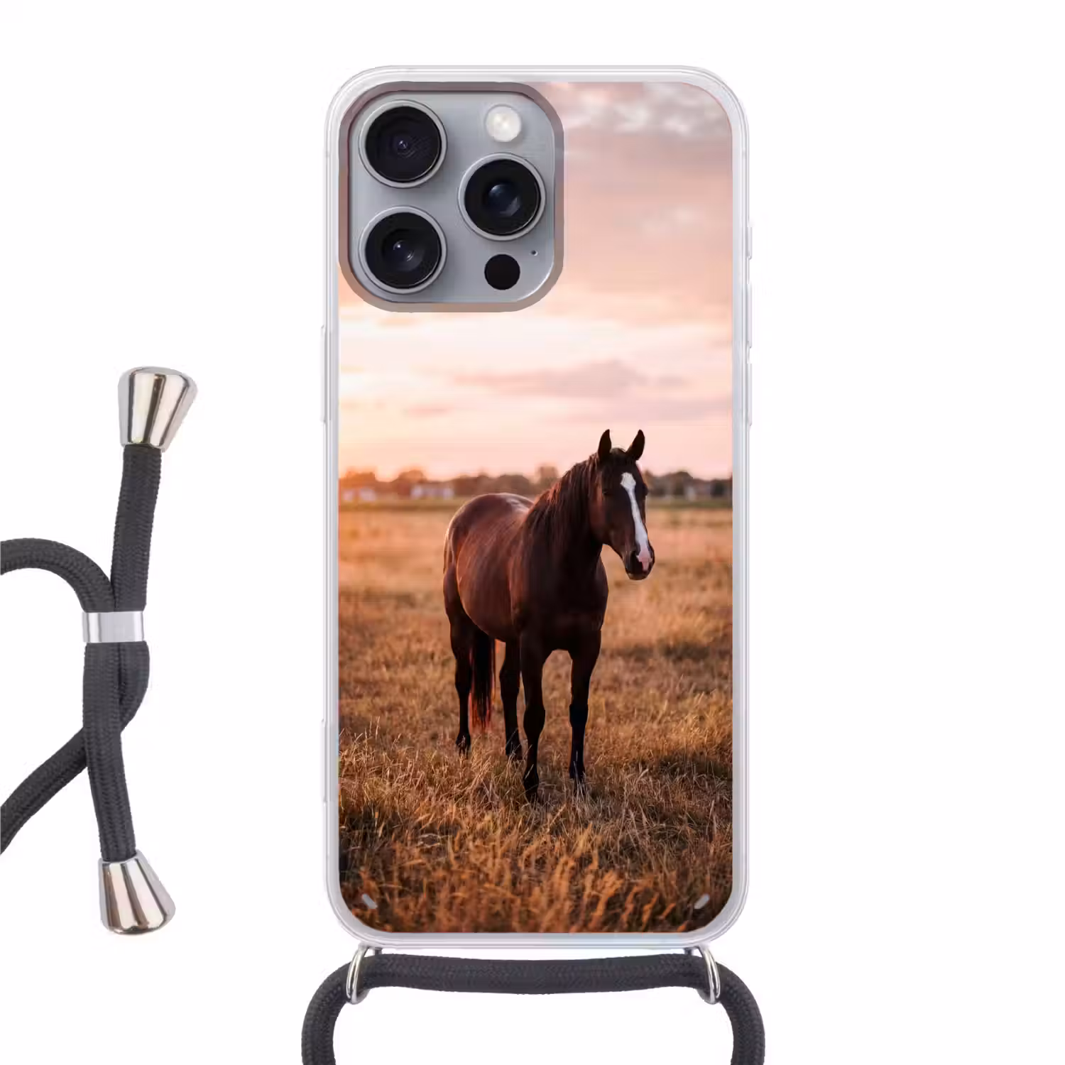 Paard - Zonsondergang - Bruin Hoesje iPhone 16 Pro Max met koord klein -3d