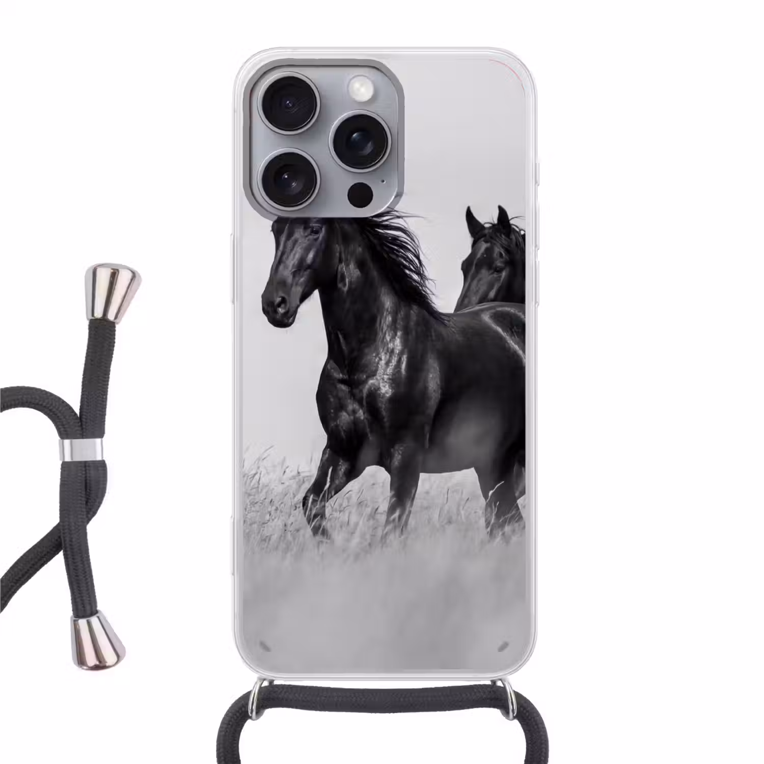 Paarden - Gras - Zwart - Wit Hoesje iPhone 16 Pro Max met koord klein -3d