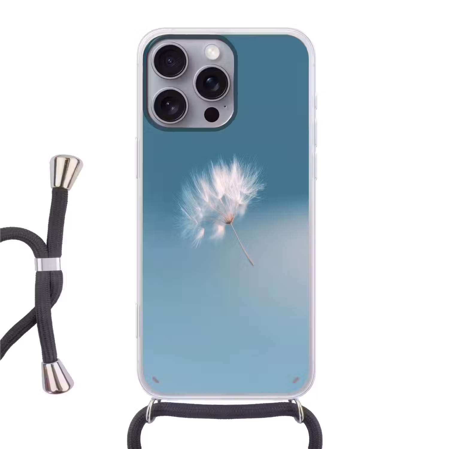 Paardenbloempluisje - Blauw - Lucht Hoesje iPhone 16 Pro Max met koord klein -3d