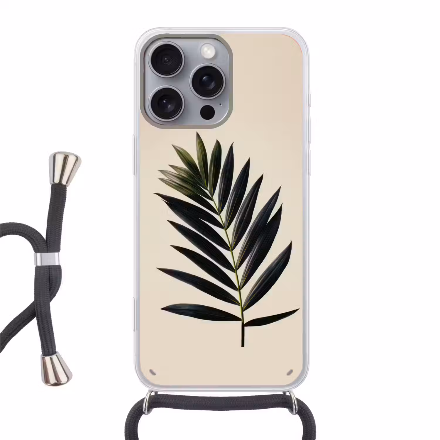 Palmblad - Donkere bladen - Subtiel Hoesje iPhone 16 Pro Max met koord klein -3d