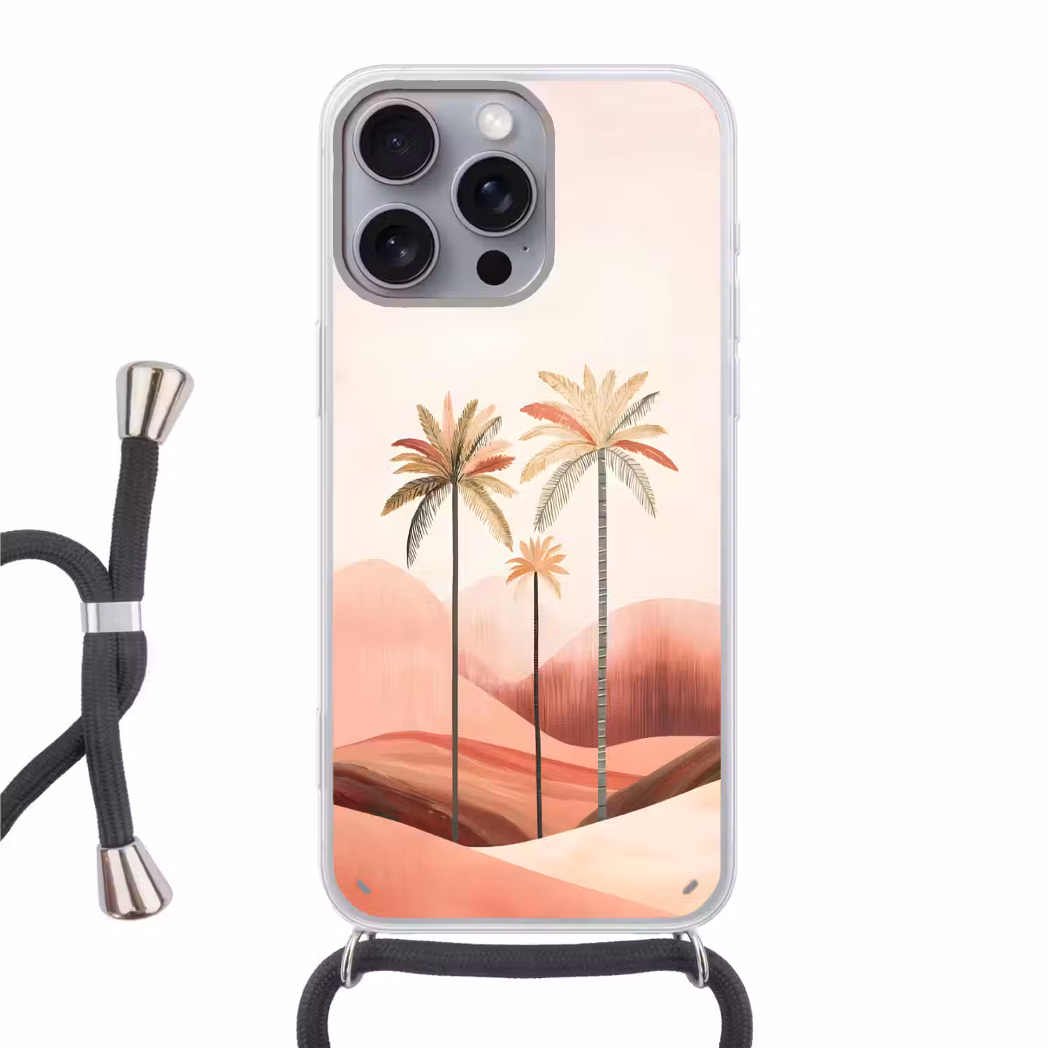 Palmbomen - Heuvels - Minimalistisch - Zachtroze Hoesje iPhone 16 Pro Max met koord klein -3d