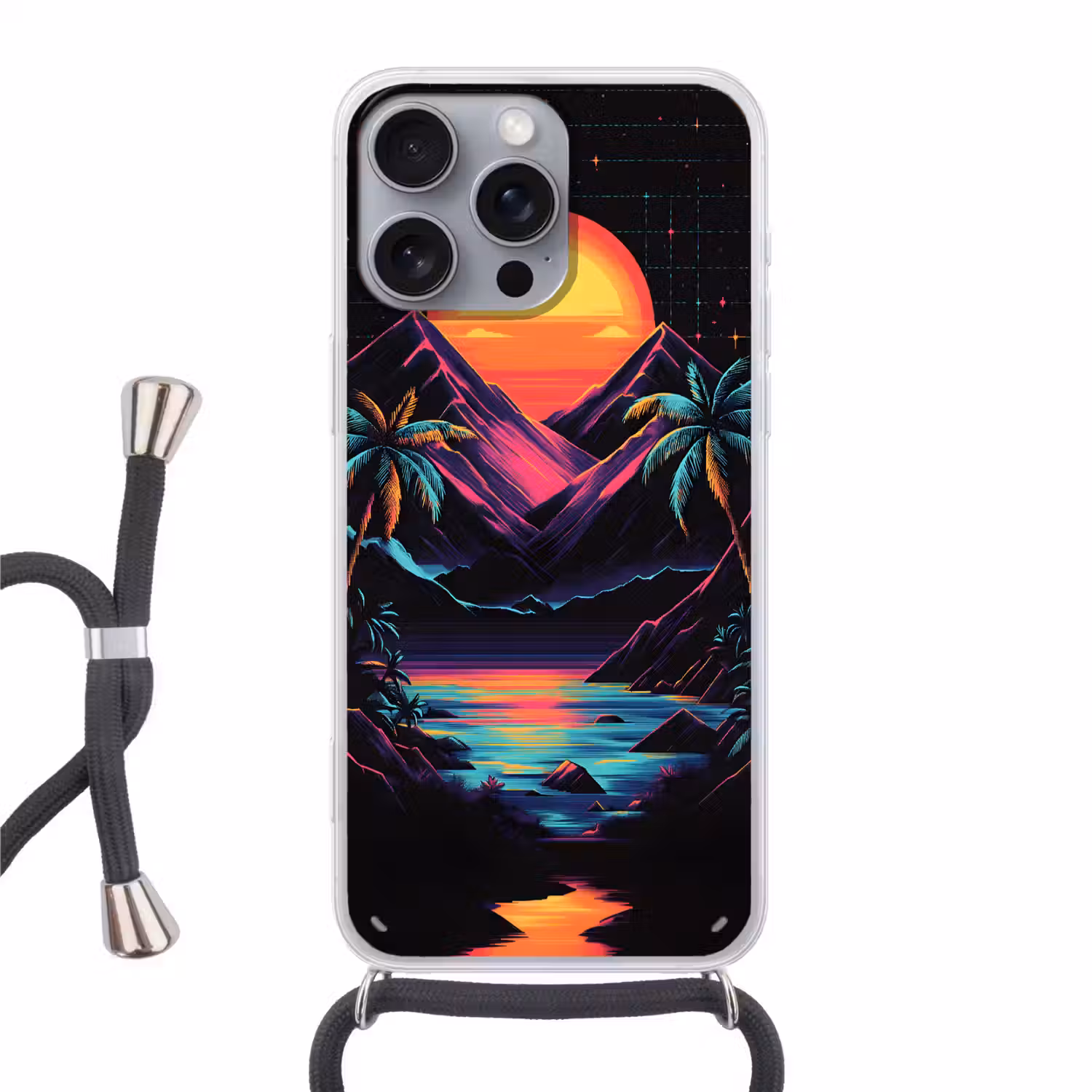 Palmbomen - Neonbergen - Sterrenhemel - Zon Hoesje iPhone 16 Pro Max met koord klein -3d