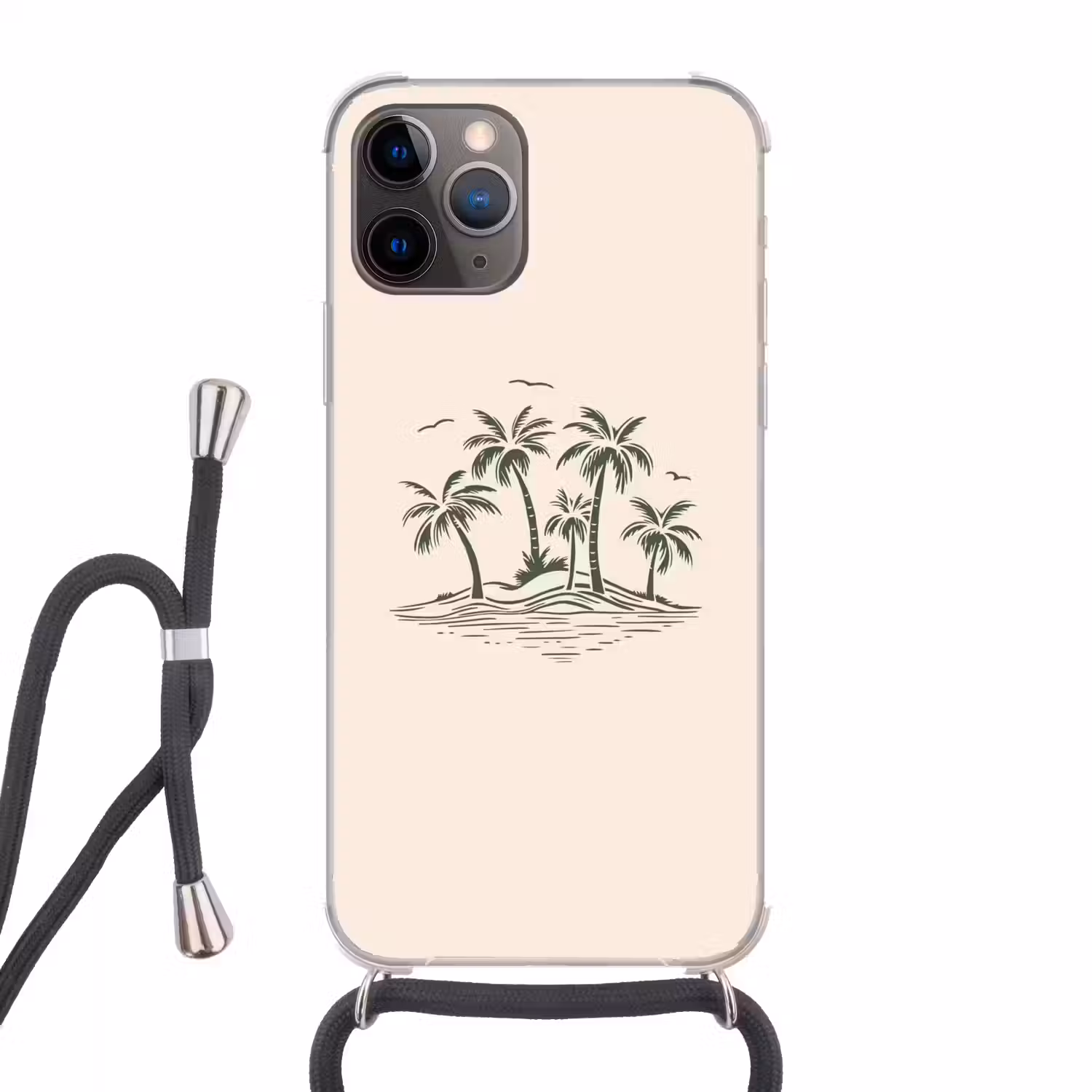 Palmbomen - Strand - Beige - Groen - Tropisch Hoesje iPhone 12 Pro met koord klein -3d