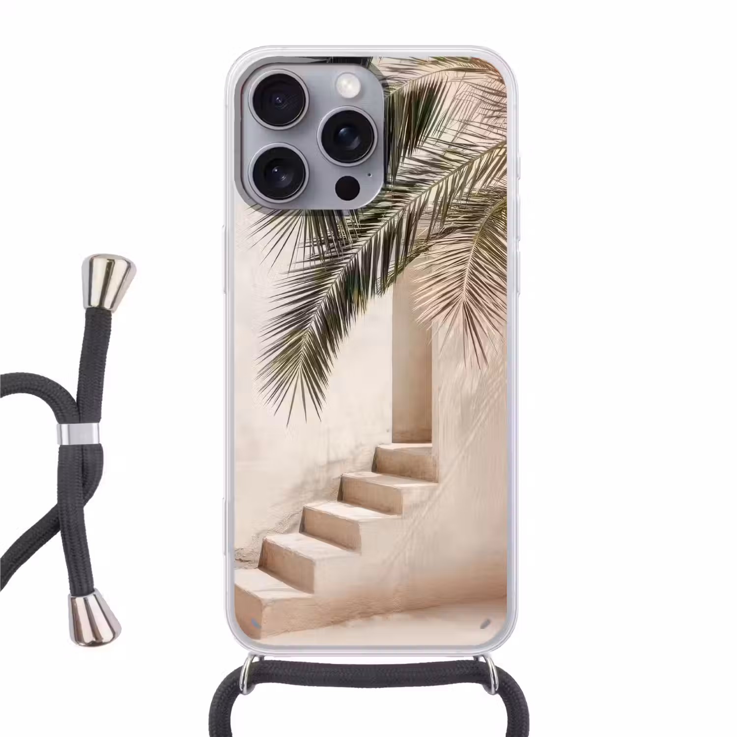 Palmboom - Schaduw - Trap - Beige Hoesje iPhone 16 Pro Max met koord klein -3d