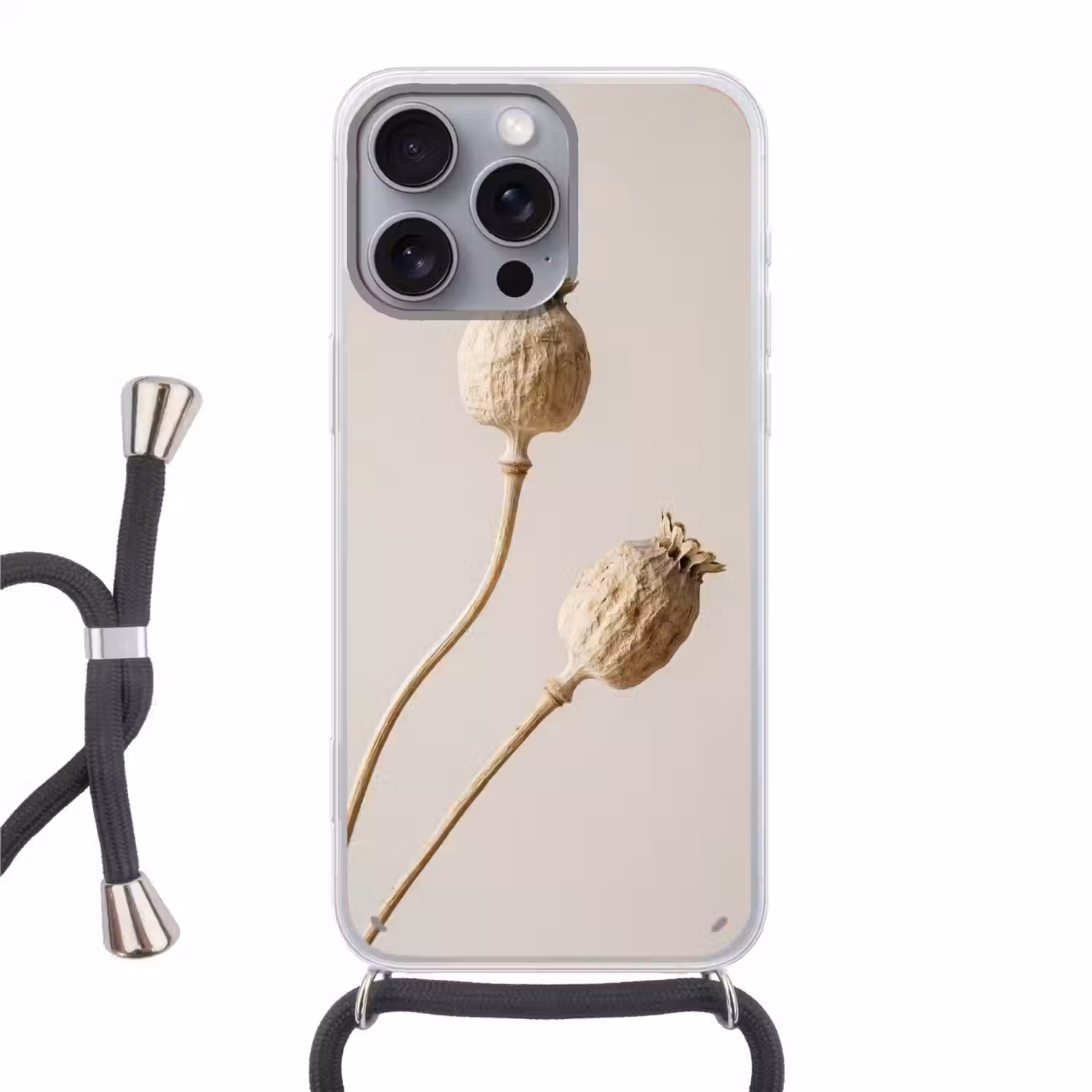 Papaverbollen - Droogbloemen - Minimalistisch - Beige - Rustig Hoesje iPhone 16 Pro Max met koord klein -3d
