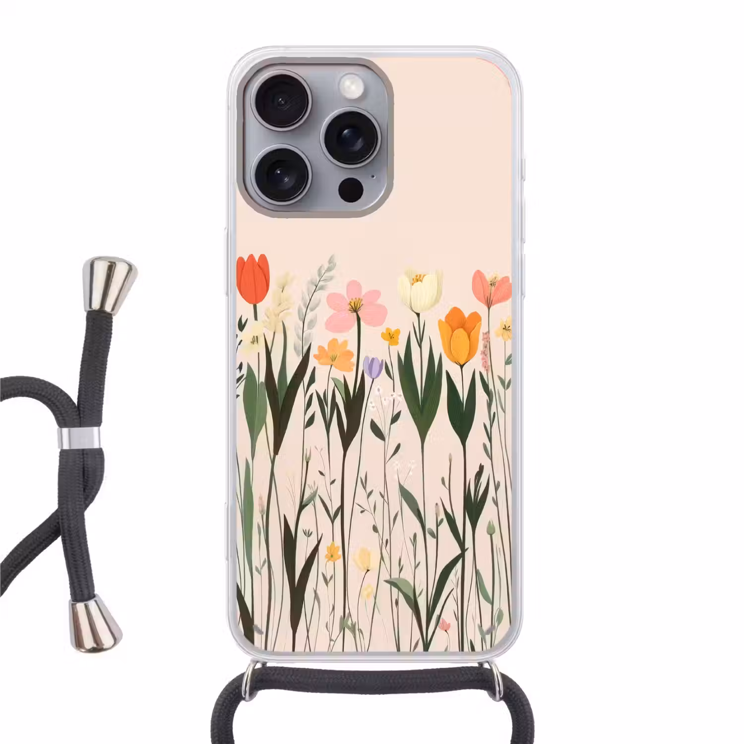 Pasteltinten - Bloemen - Illustratie Hoesje iPhone 16 Pro Max met koord klein -3d