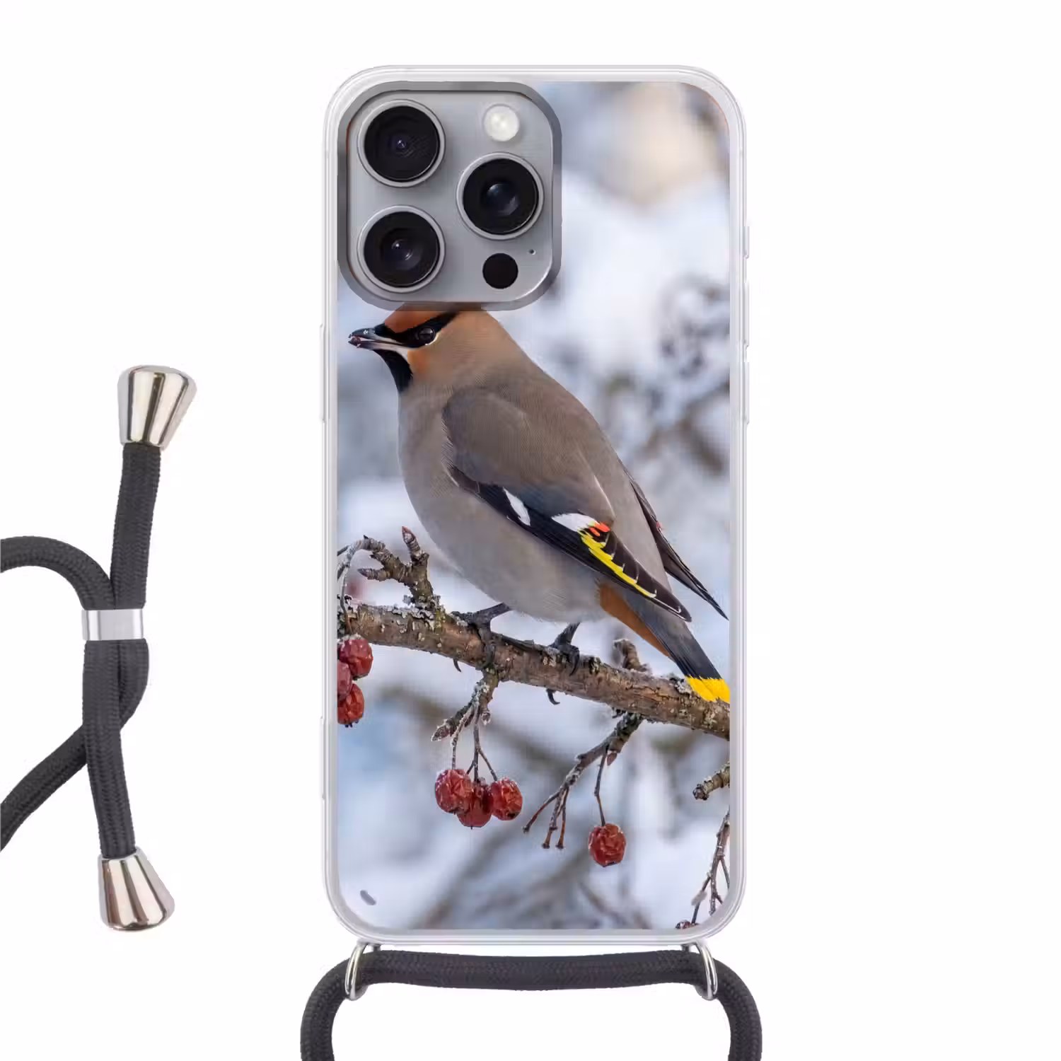 Pestvogel - Bessen - Winter - Natuur Hoesje iPhone 16 Pro Max met koord klein -3d