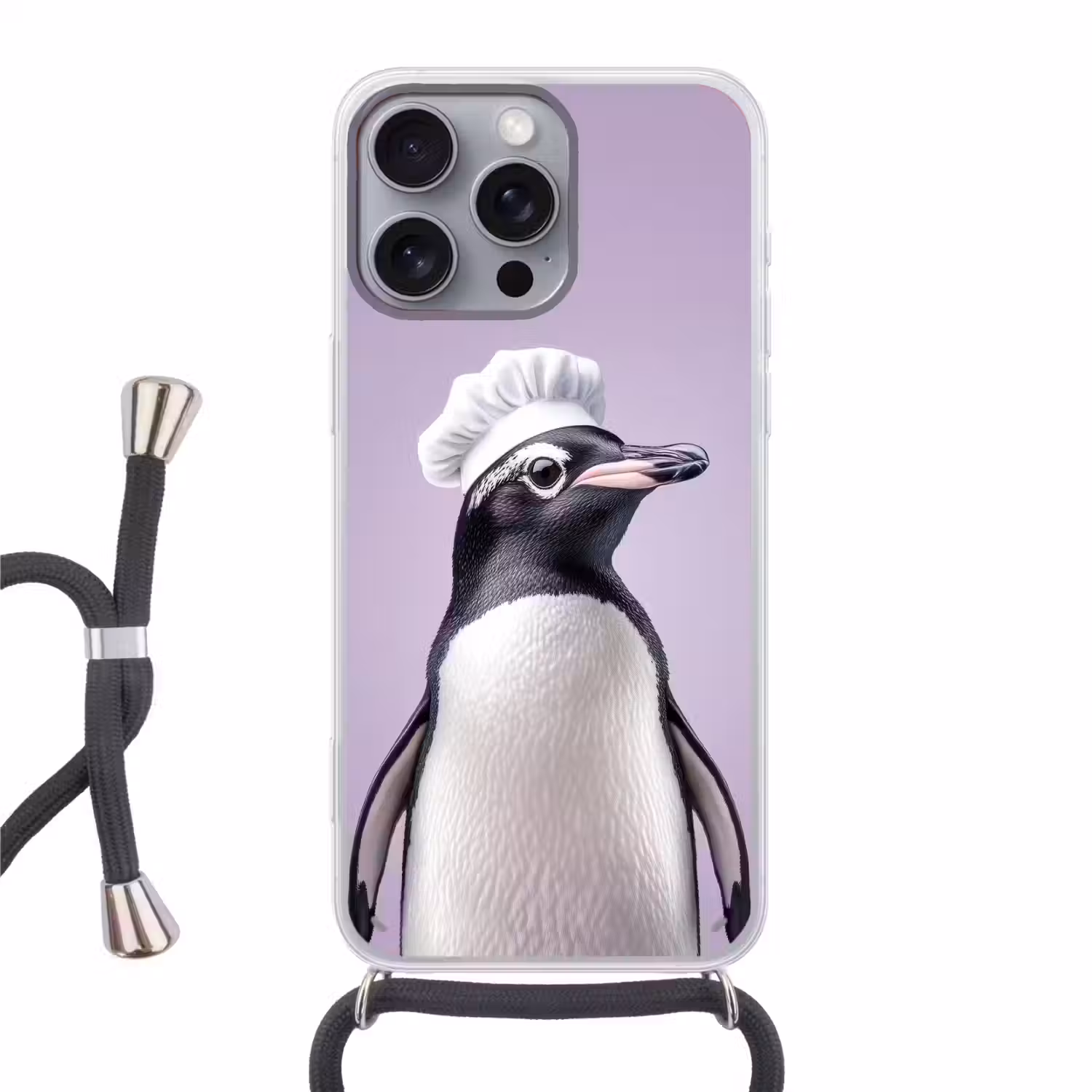 Pinguïn - Koksmuts - Lief - Paars Hoesje iPhone 16 Pro Max met koord klein -3d