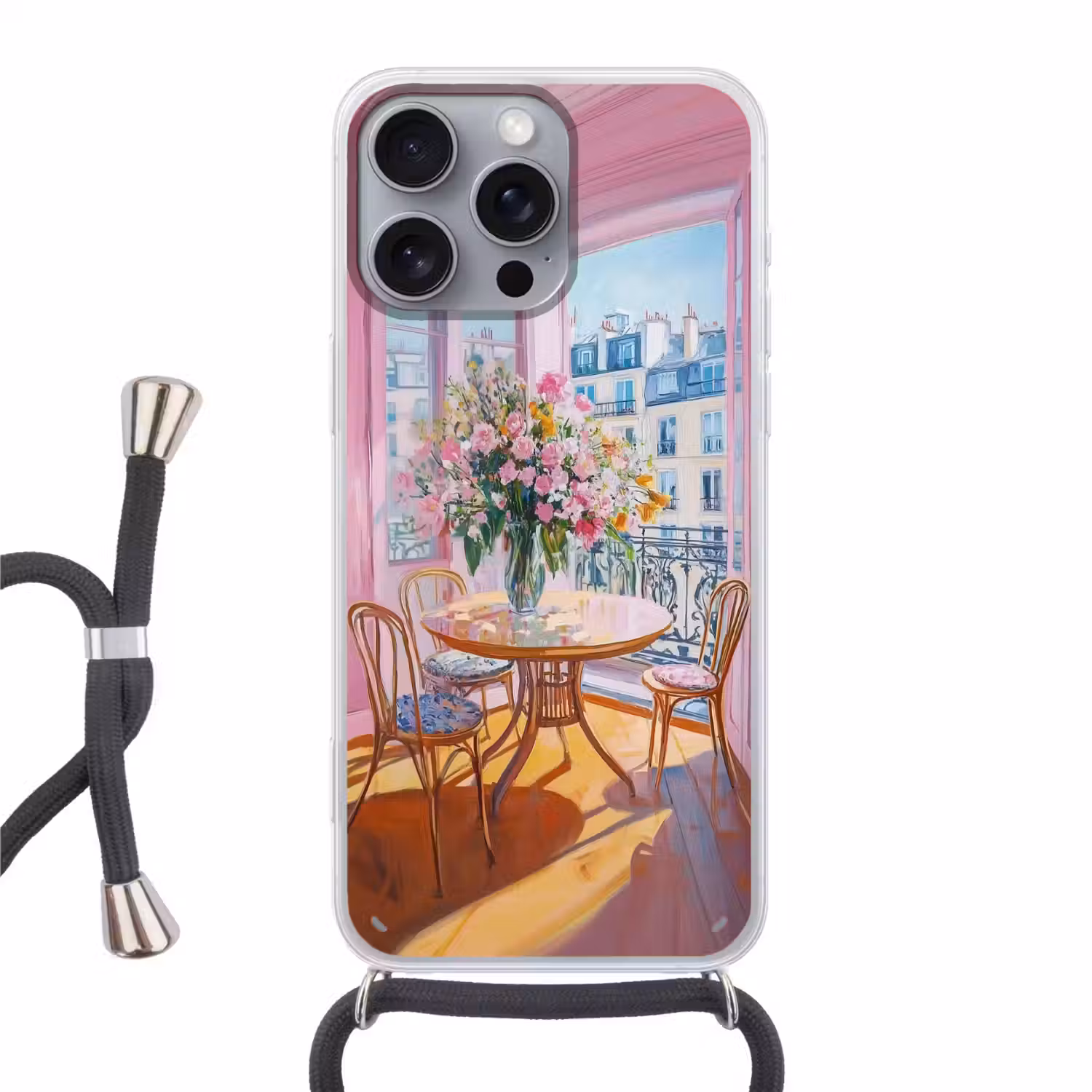 Pink - City - Bloemen Hoesje iPhone 16 Pro Max met koord klein -3d