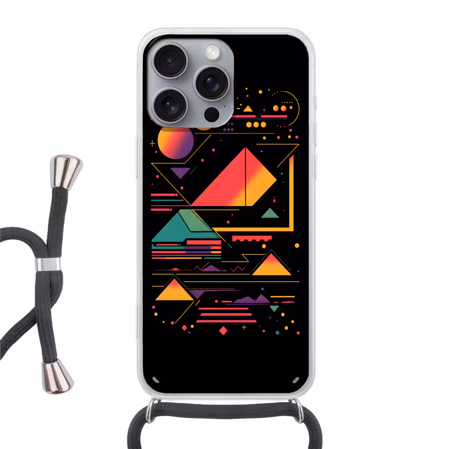 Piramides - Cirkels - Neonkleuren - Geometrisch Hoesje iPhone 16 Pro Max met koord klein -3d