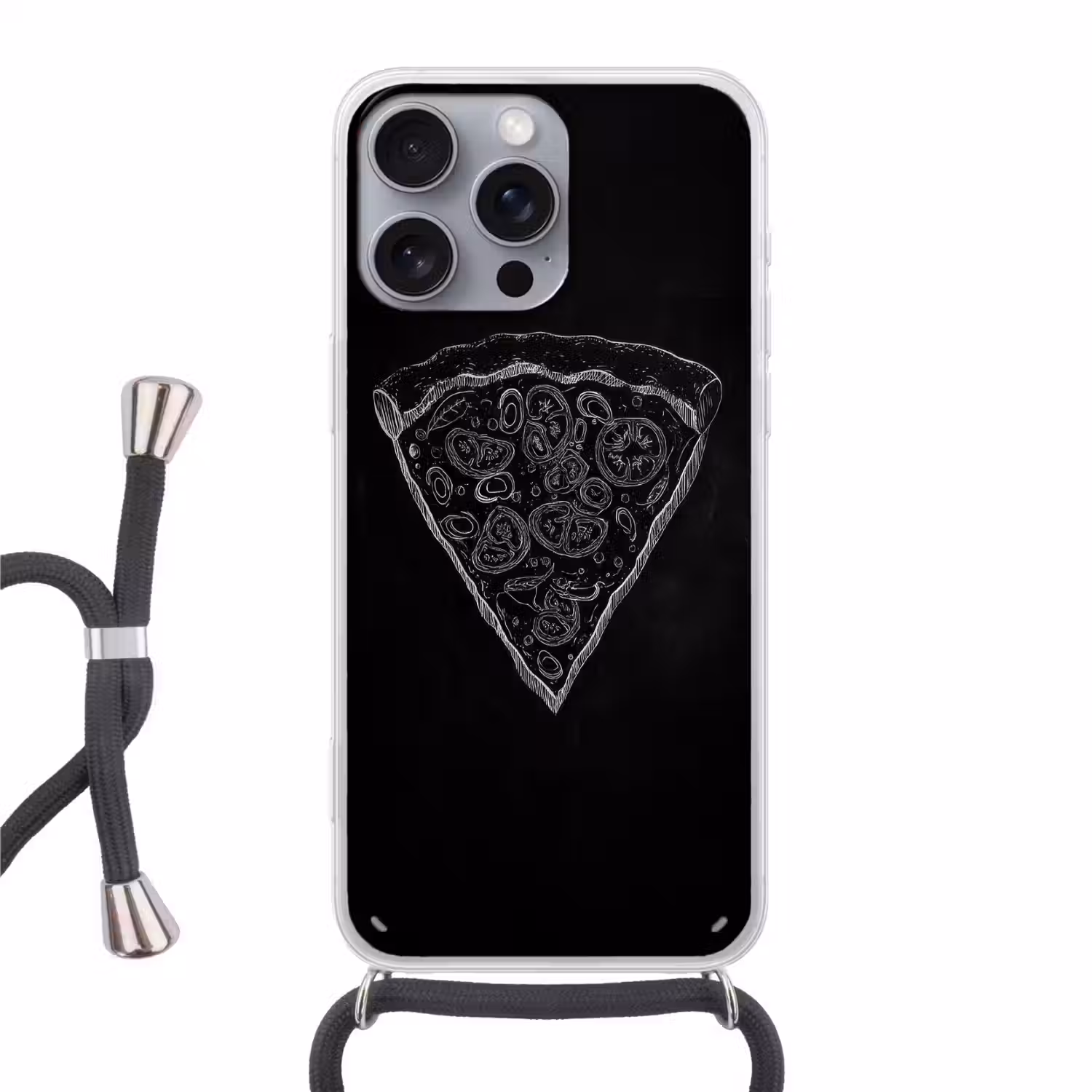 Pizzapunt - Toppings - Krijttekening Hoesje iPhone 16 Pro Max met koord klein -3d