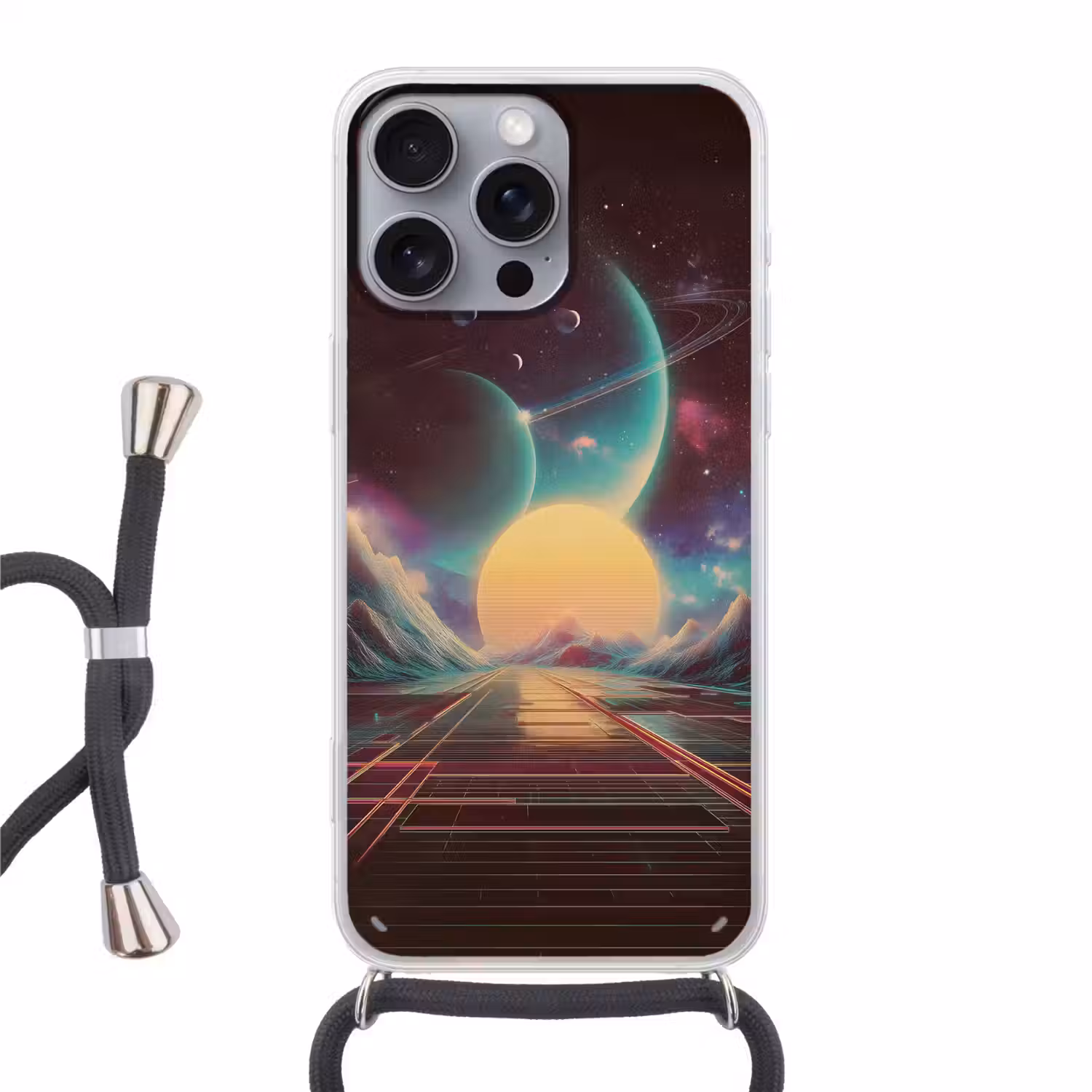 Planeten - Neon - Berglandschap - Zon Hoesje iPhone 16 Pro Max met koord klein -3d