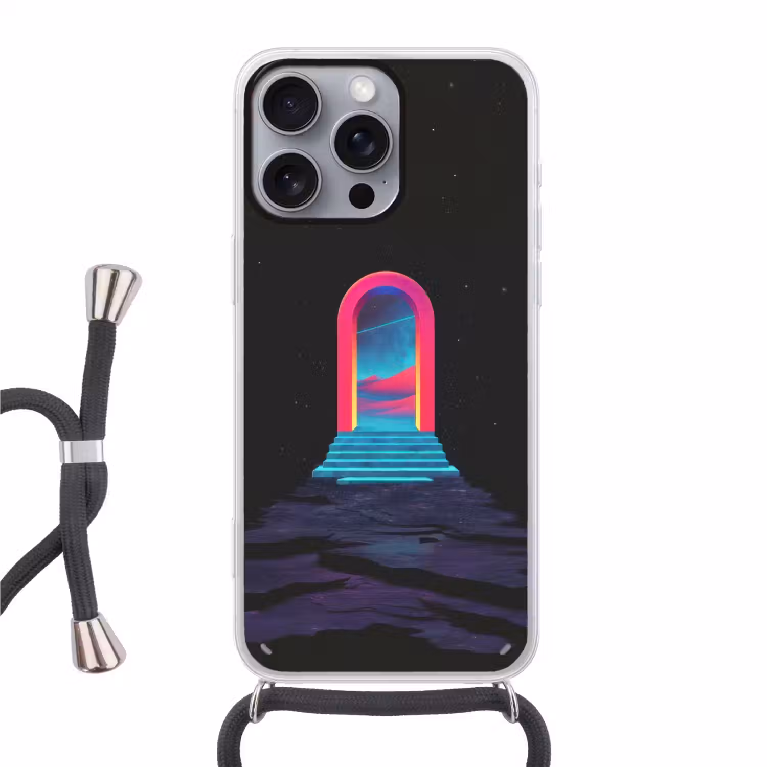 Poortje - Landschap - Sterrenhemel - Roze Hoesje iPhone 16 Pro Max met koord klein -3d