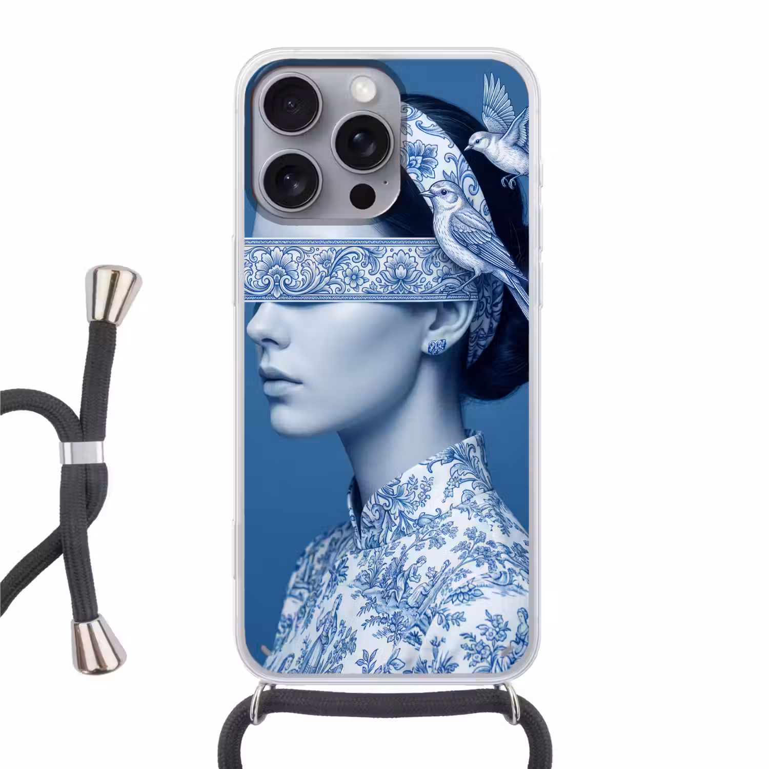 Portret - Klassiek - Wit - Blauw Hoesje iPhone 16 Pro Max met koord klein -3d