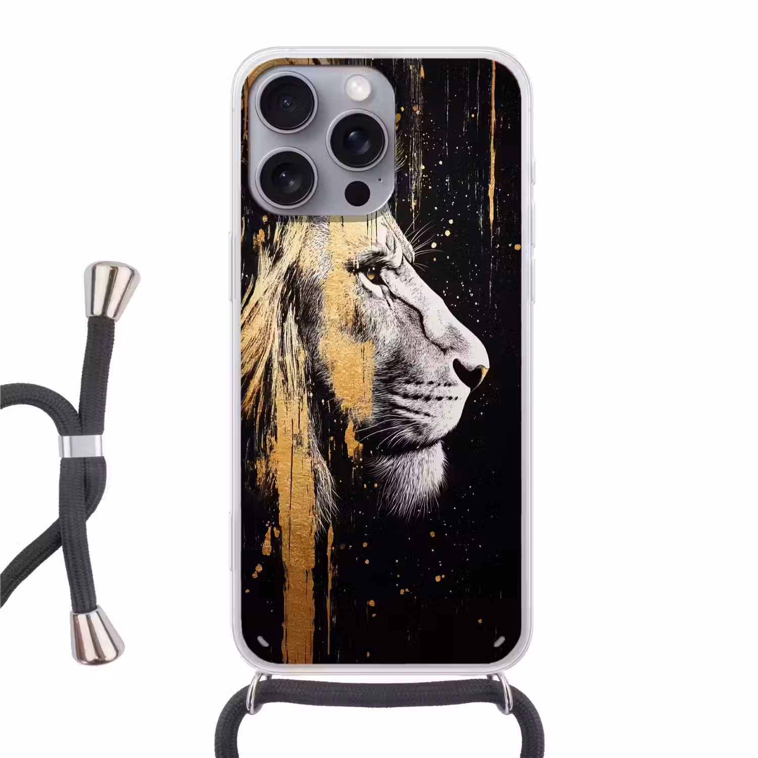 Portret - Leeuw - Abstract - Goud Hoesje iPhone 16 Pro Max met koord klein -3d
