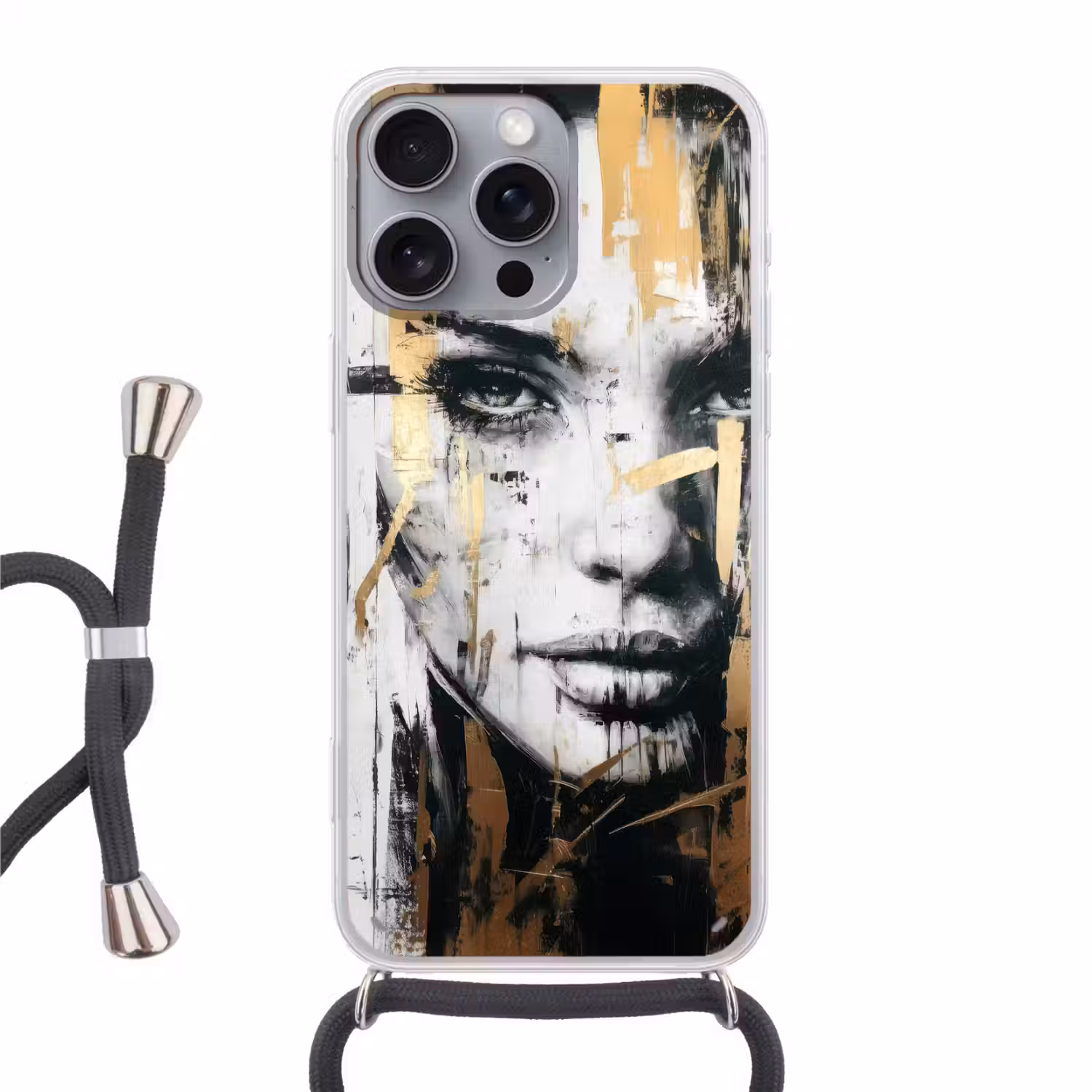 Portret - Vrouw - Penseelstreken - Goud Hoesje iPhone 16 Pro Max met koord klein -3d