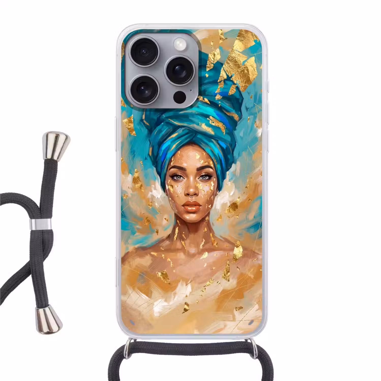 Portret - Vrouw - Schilderij - Blauw - Goud - Expressief Hoesje iPhone 16 Pro Max met koord klein -3d