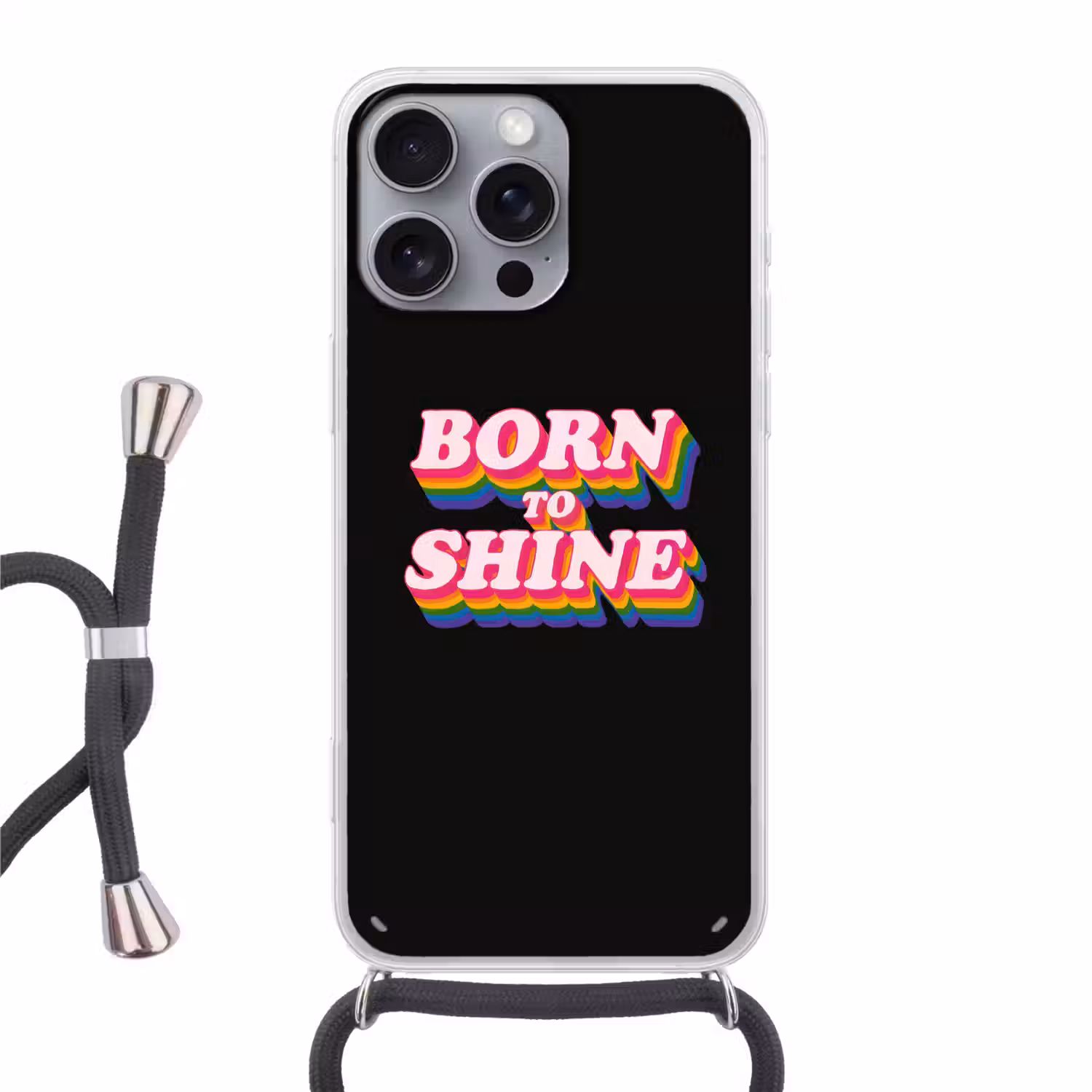 Quote - Regenboog - Roze - Zwart Hoesje iPhone 16 Pro Max met koord klein -3d