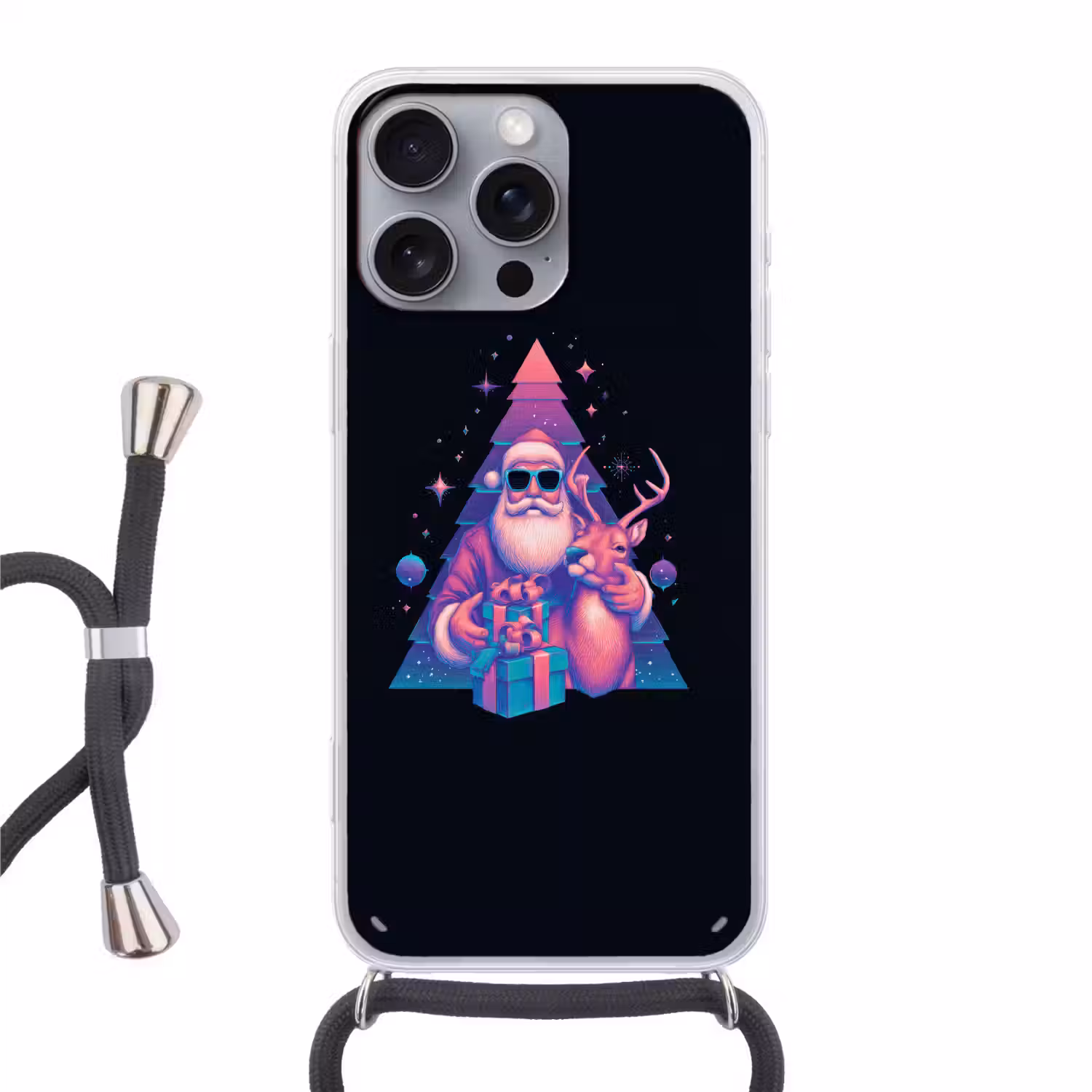 Retro - Kerstman - Rendieren - Kerstboom Hoesje iPhone 16 Pro Max met koord klein -3d