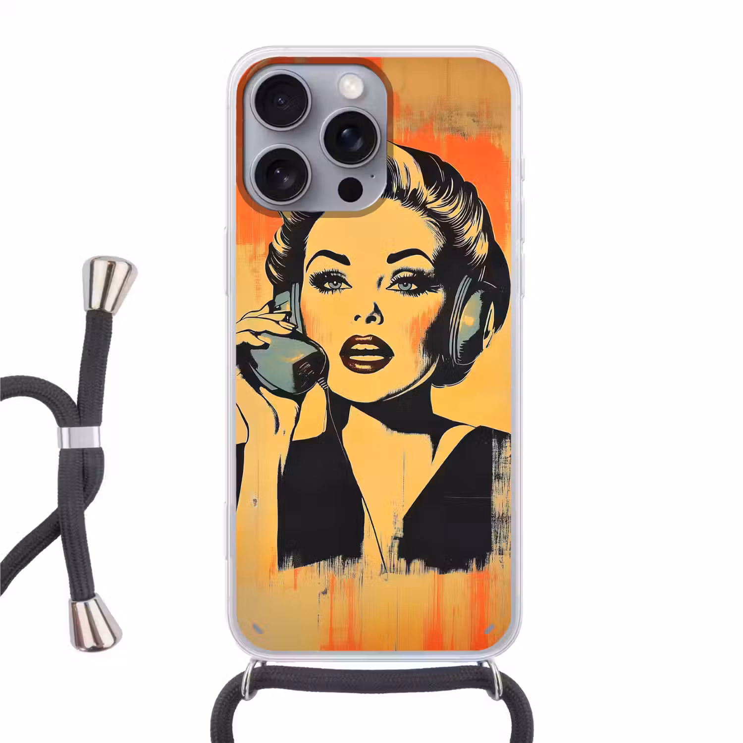 Retro - Vrouw - Koptelefoon - Oranje Hoesje iPhone 16 Pro Max met koord klein -3d