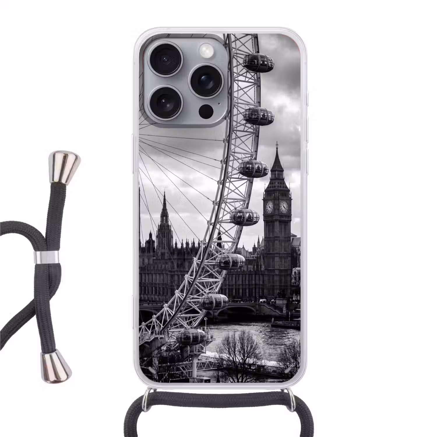 Reuzenrad - Klokkentoren - Architectuur - Zwart-wit - Stad Hoesje iPhone 16 Pro Max met koord klein -3d