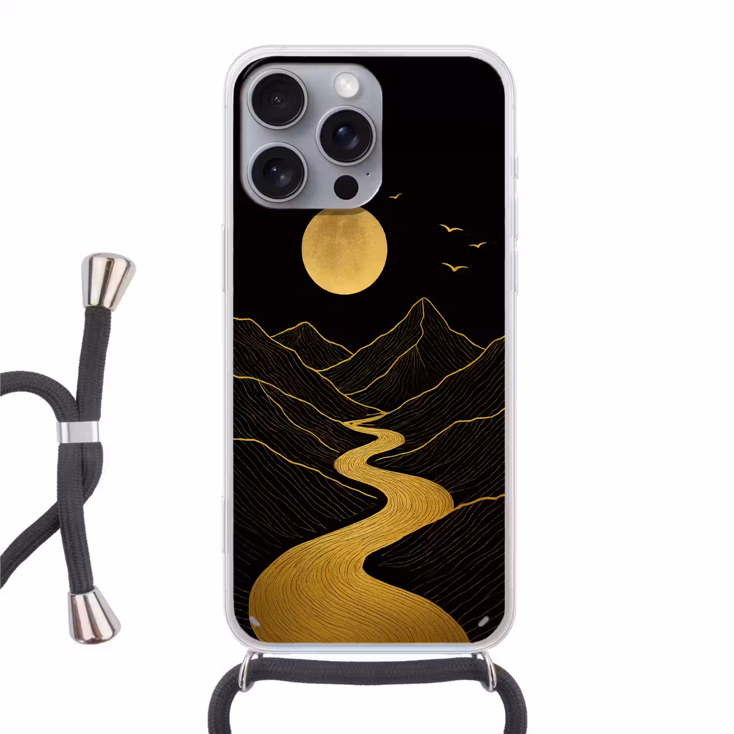 Rivier - Goud - Maan - Vogels Hoesje iPhone 16 Pro Max met koord klein -3d