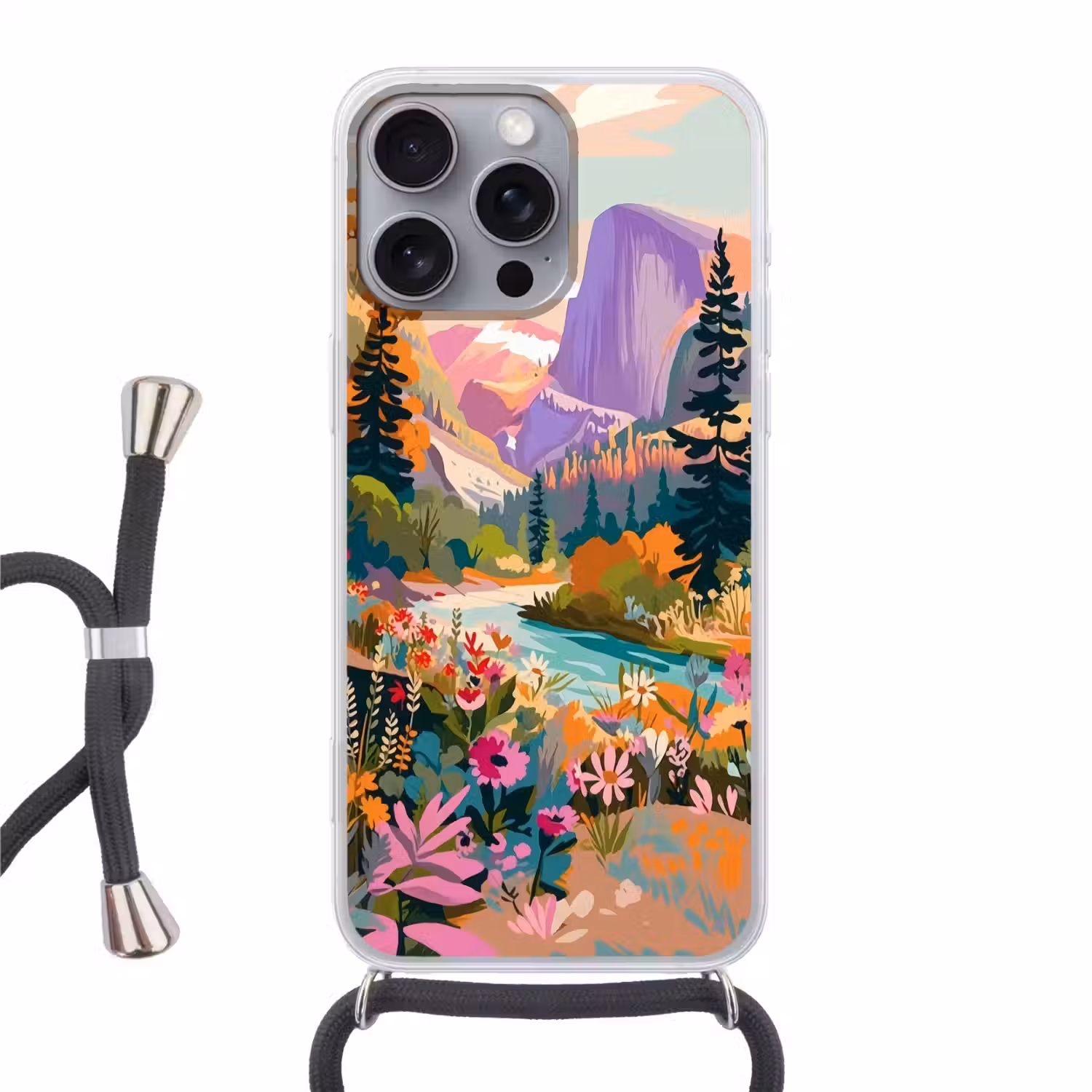 Rivier - Vallei vol bloemen - Levendig Hoesje iPhone 16 Pro Max met koord klein -3d