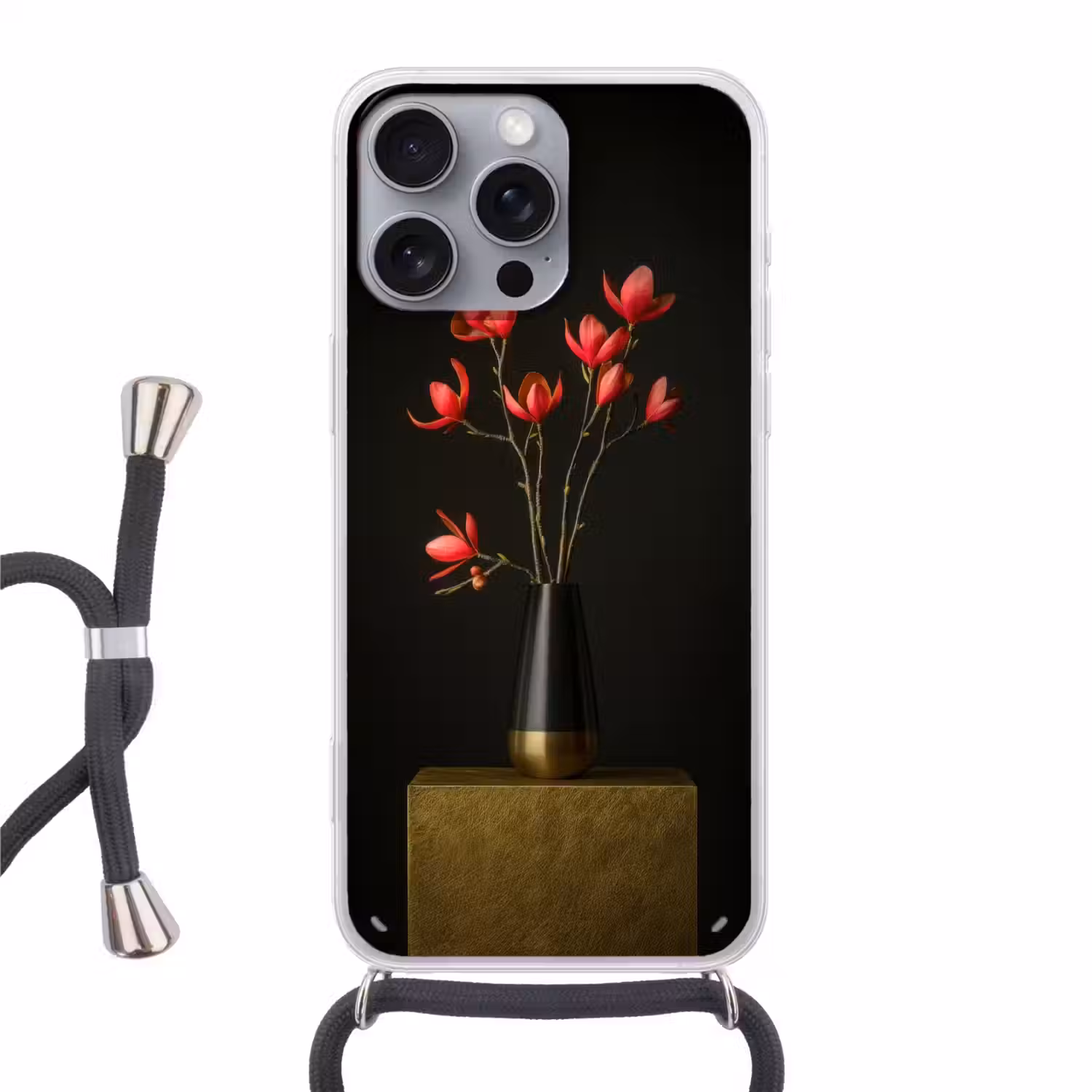 Rode - Bloemen - Vaas Hoesje iPhone 16 Pro Max met koord klein -3d