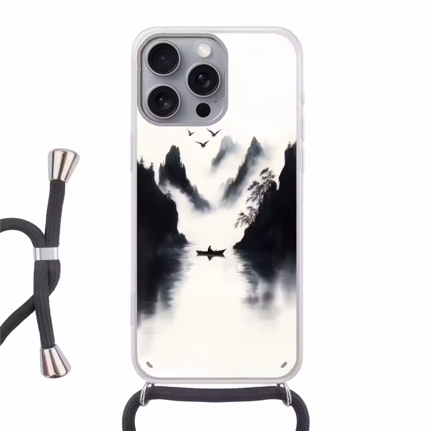Roeiboot - Mistig - Bergen - Vogels Hoesje iPhone 16 Pro Max met koord klein -3d