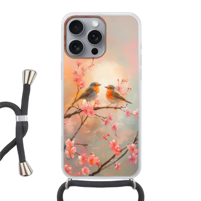 Roodborstjes - Sierlijk - Bloesemtak Hoesje iPhone 16 Pro Max met koord klein -3d