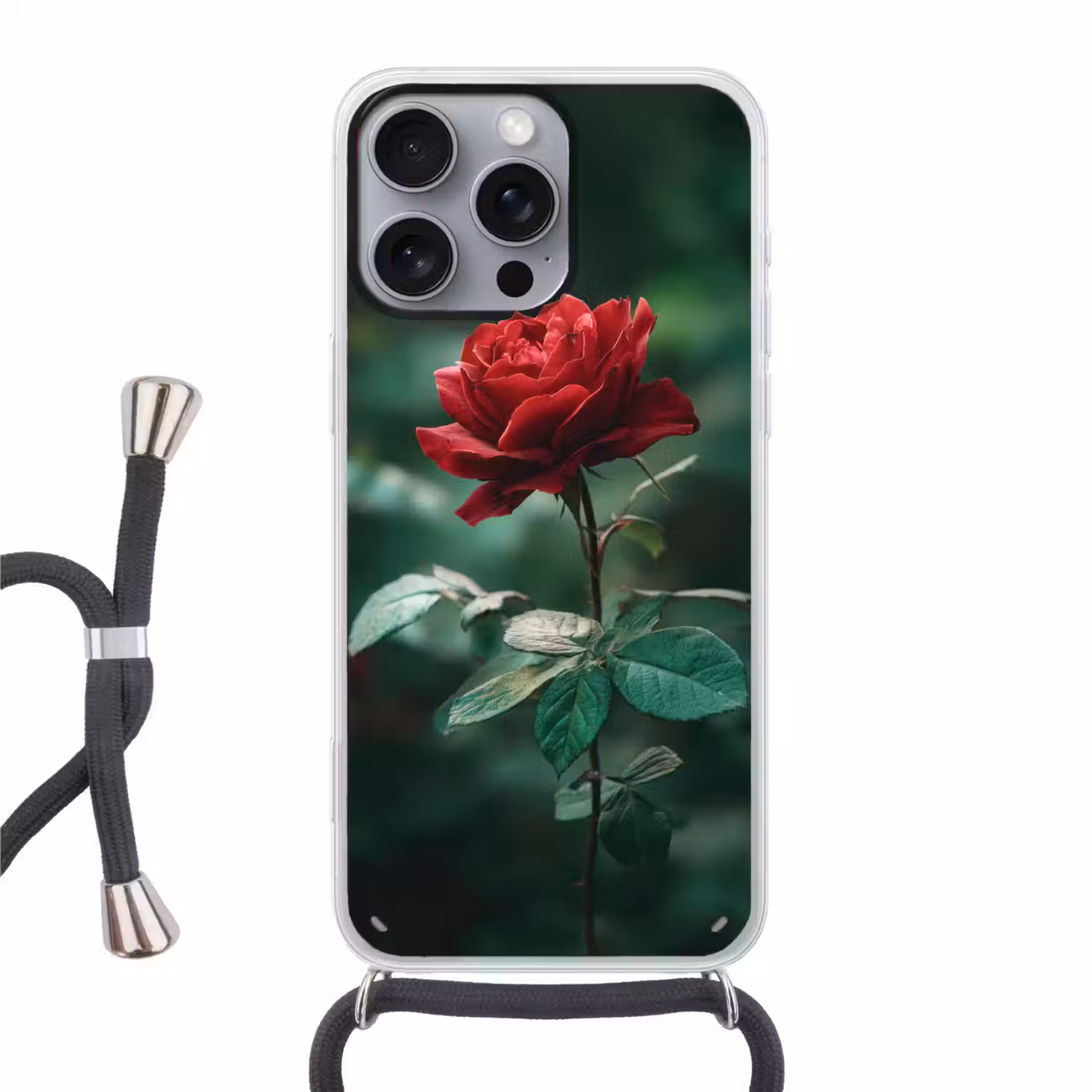 Roos - Bladeren - Dieprood Hoesje iPhone 16 Pro Max met koord klein -3d