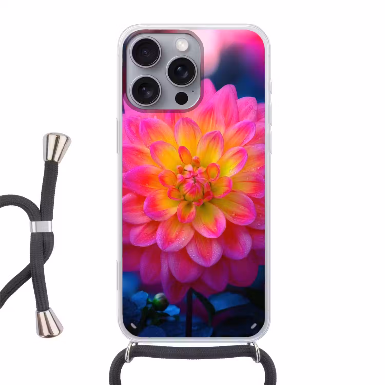 Roze - Dahlia - Kleurrijk Hoesje iPhone 16 Pro Max met koord klein -3d