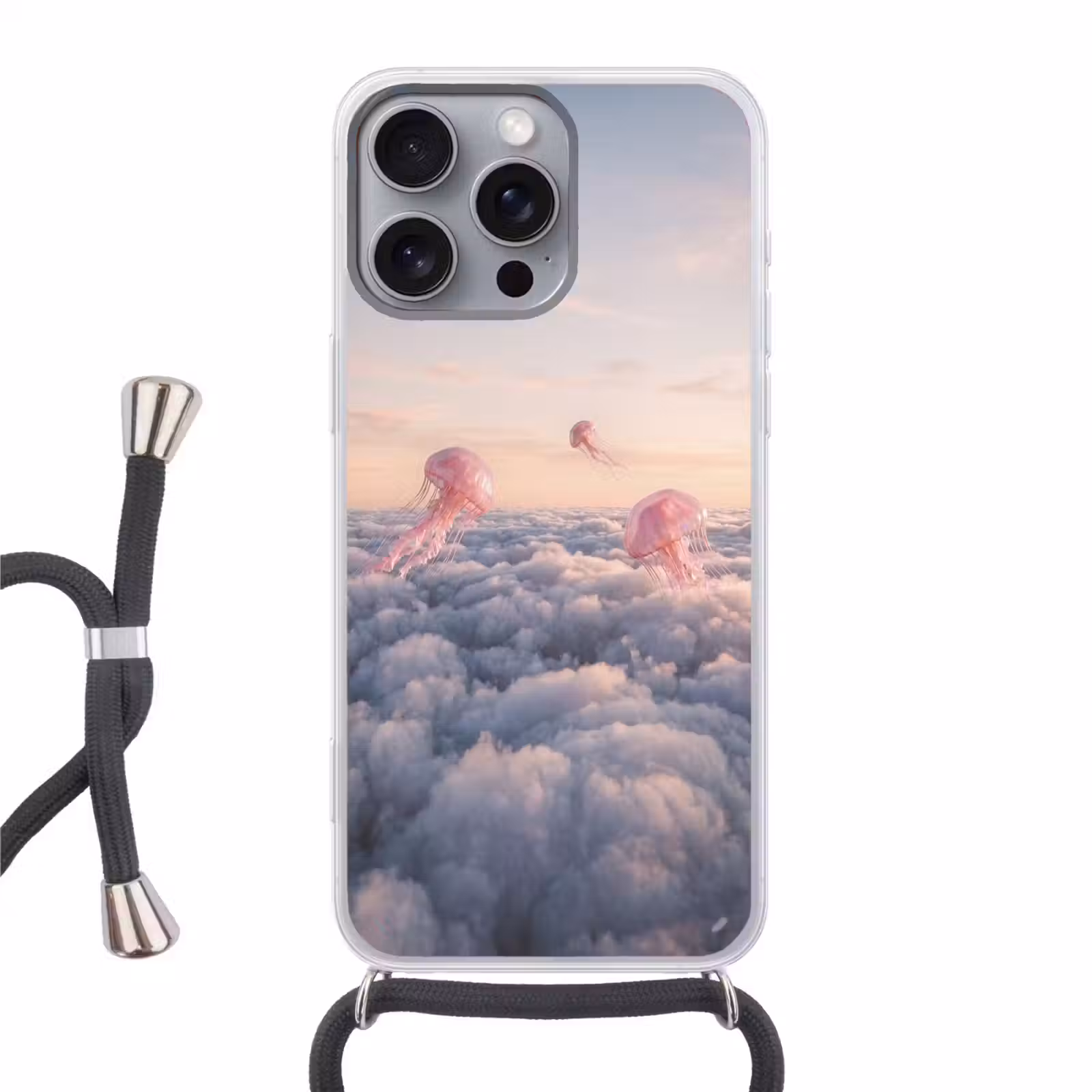 Telefoonhoesje met koord - Roze dier - Wolken - Roze dier - Wolken Hoesje iPhone 16 Pro Max met koord klein