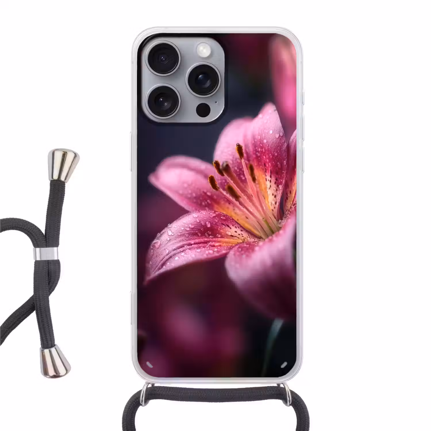 Roze - lelie - Dauwdruppels Hoesje iPhone 16 Pro Max met koord klein -3d