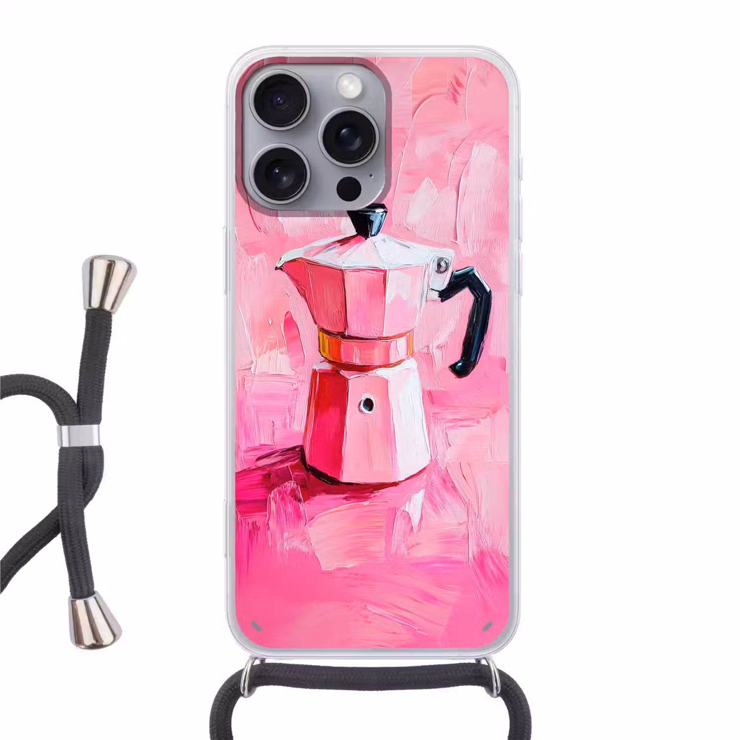 Roze - Verf - Coffee Hoesje iPhone 16 Pro Max met koord klein -3d