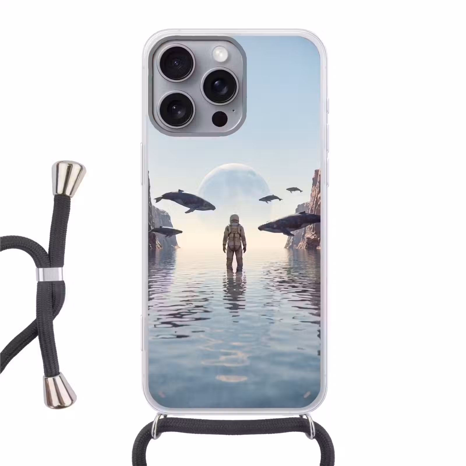 Telefoonhoesje met koord - Ruimtevaarder - Walvis - Fantasie - Ruimtevaarder - Walvis - Fantasie Hoesje iPhone 16 Pro Max met koord klein
